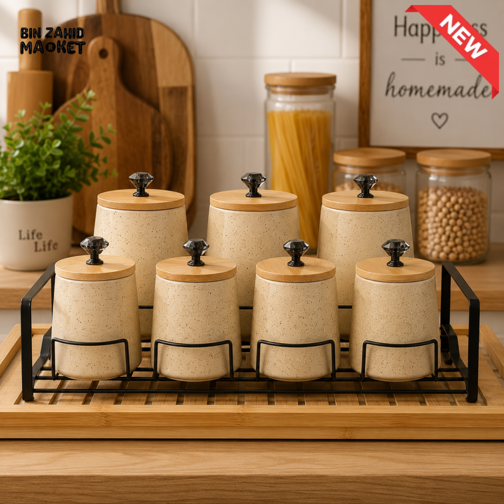7-PIECE CERAMIC KITCHEN STORAGE CANISTER SET WITH METAL RACK
