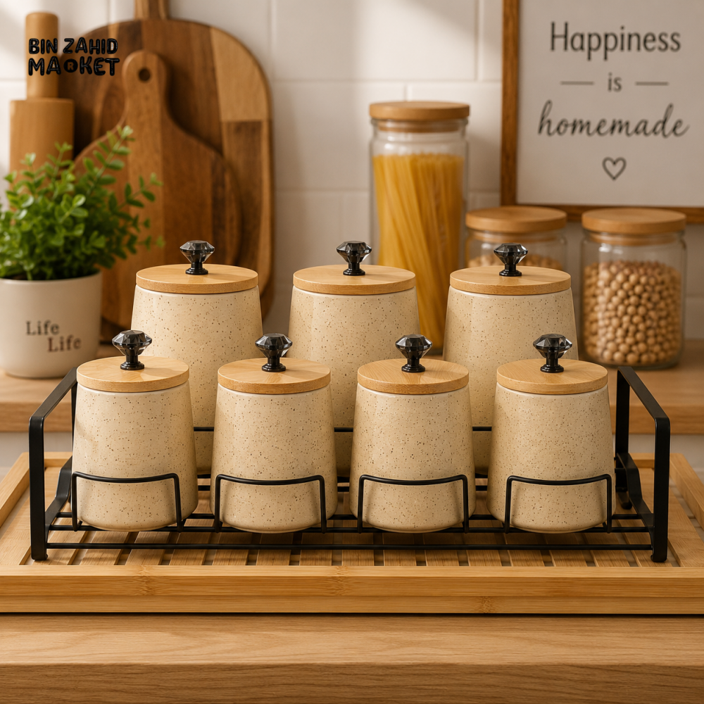 7-PIECE CERAMIC KITCHEN STORAGE CANISTER SET WITH METAL RACK