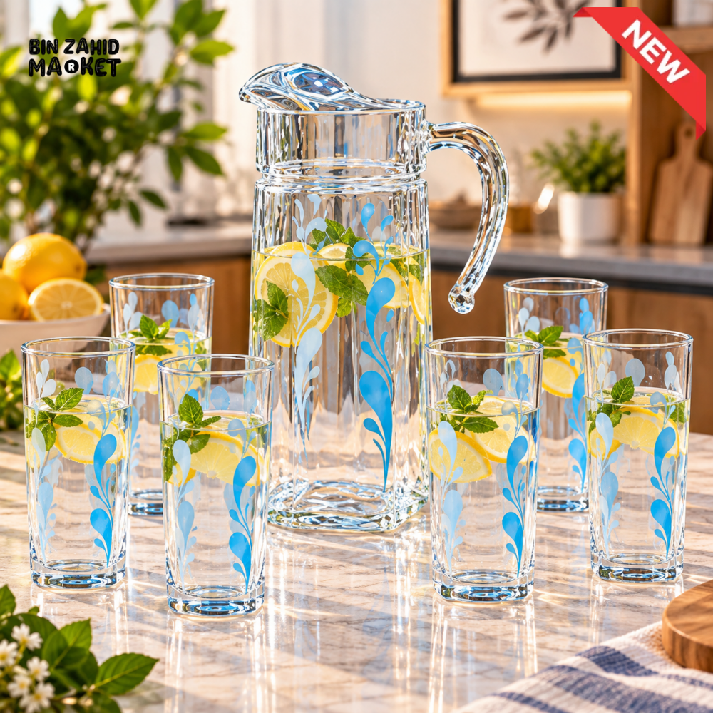 7-PIECE GLASS WATER JUG & DRINKING GLASS SET - BLUE FROSTED LEAF