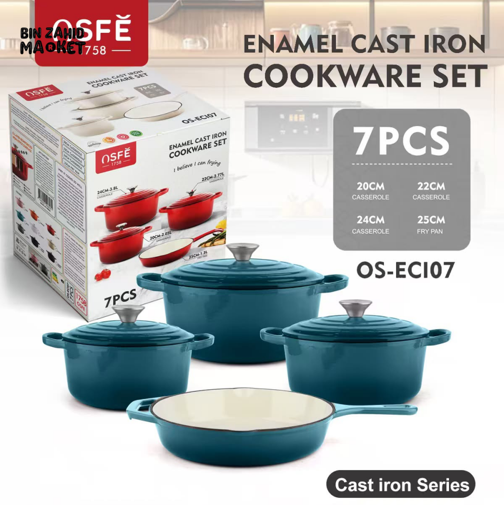7-PIECE OSFE ENAMELED CAST IRON COOKWARE SET MULTIFUNCTIONAL KITCHEN COLLECTION - BLUE