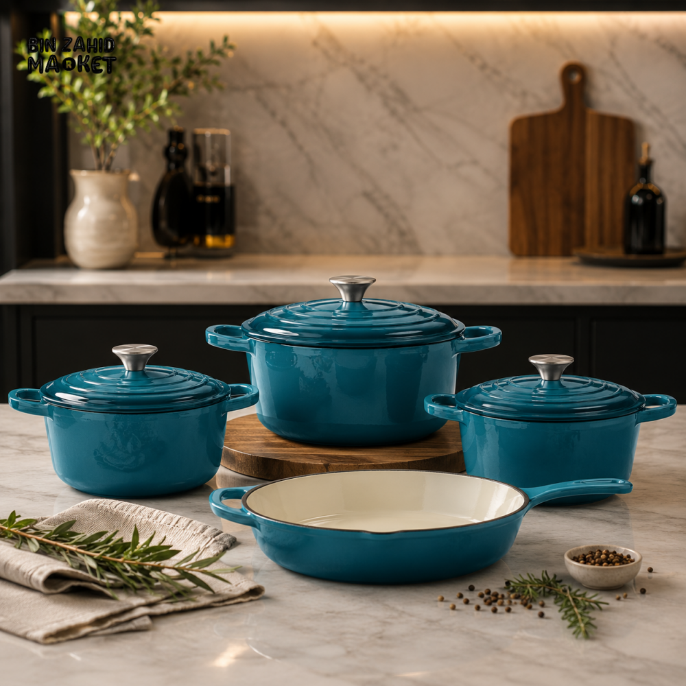 7-PIECE OSFE ENAMELED CAST IRON COOKWARE SET MULTIFUNCTIONAL KITCHEN COLLECTION - BLUE
