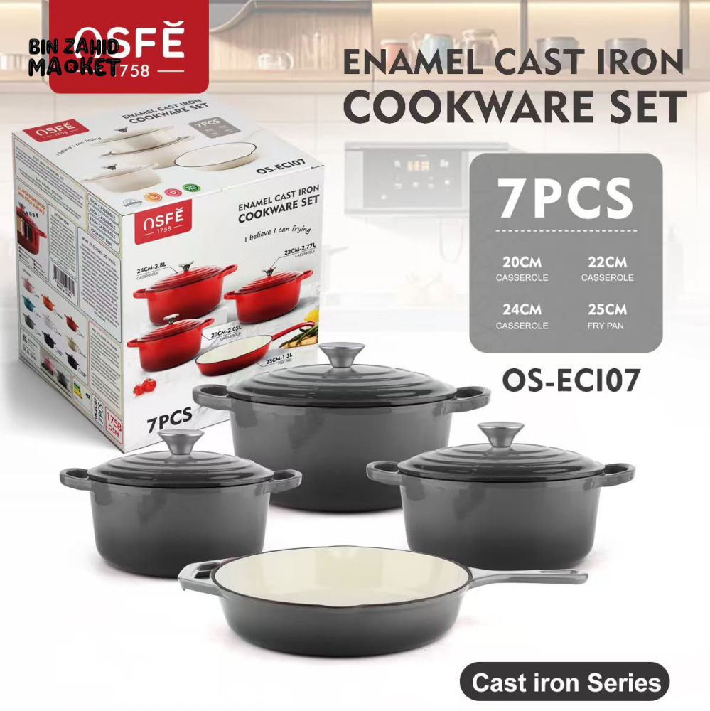 7-PIECE OSFE ENAMELED CAST IRON COOKWARE SET MULTIFUNCTIONAL KITCHEN COLLECTION - GREY