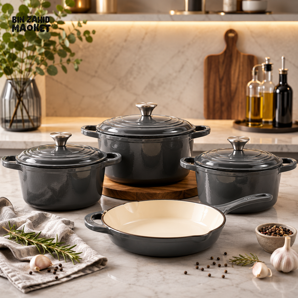 7-PIECE OSFE ENAMELED CAST IRON COOKWARE SET MULTIFUNCTIONAL KITCHEN COLLECTION - GREY