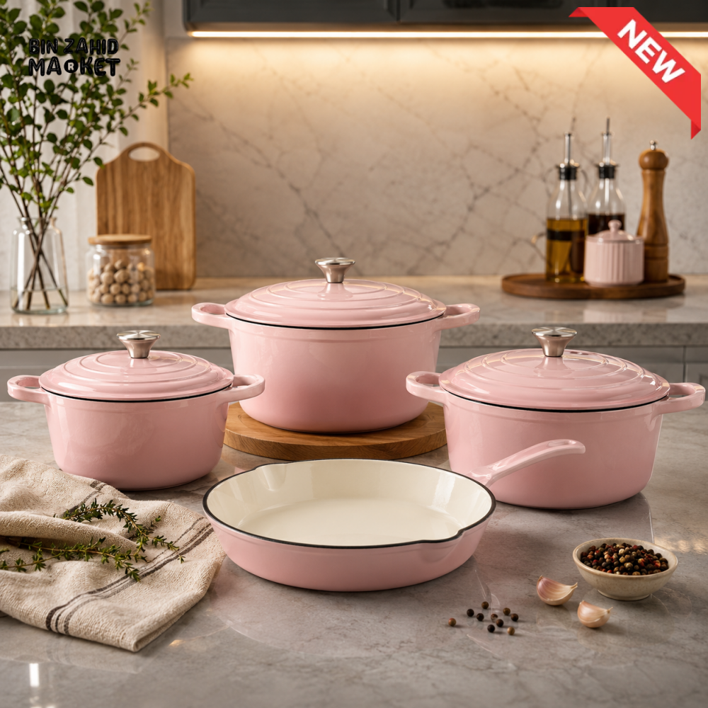 7-PIECE OSFE ENAMELED CAST IRON COOKWARE SET MULTIFUNCTIONAL KITCHEN COLLECTION - PINK