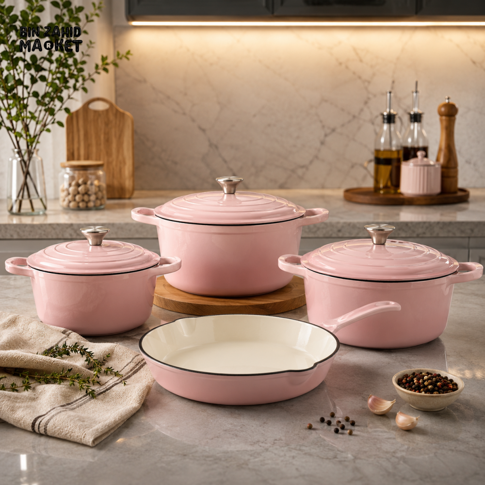 7-PIECE OSFE ENAMELED CAST IRON COOKWARE SET MULTIFUNCTIONAL KITCHEN COLLECTION - PINK