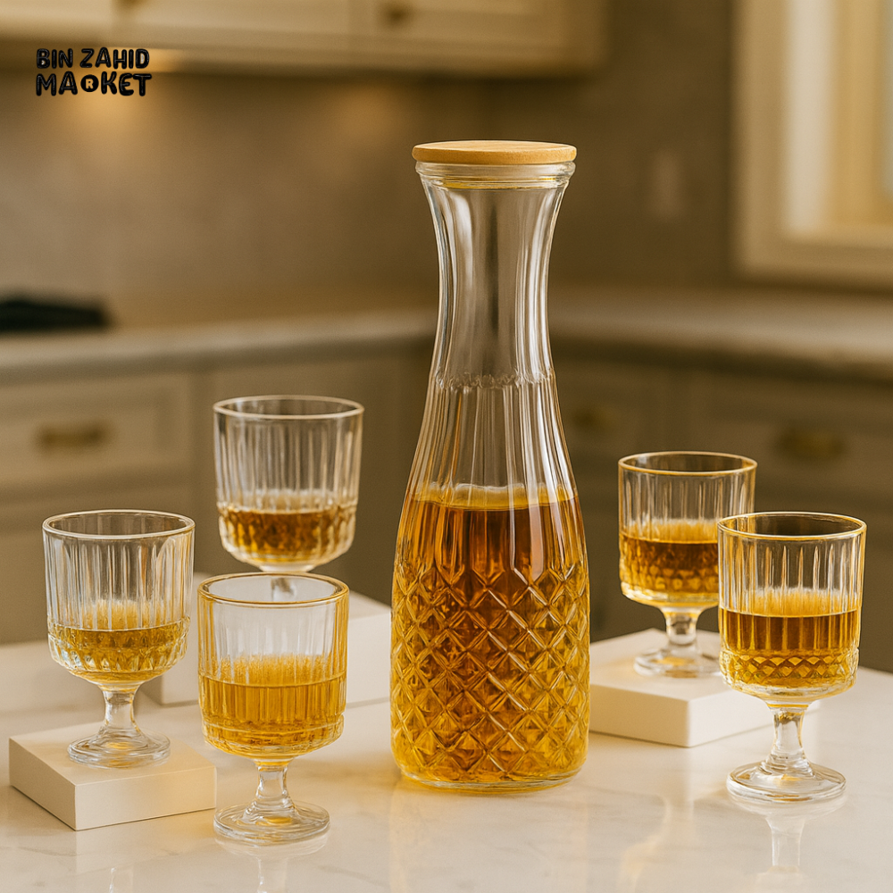 7 PIECES CRYSTAL-LOOK GLASS WATER SET – DECANTER WITH WOOD LID 6 GOBLET GLASSES