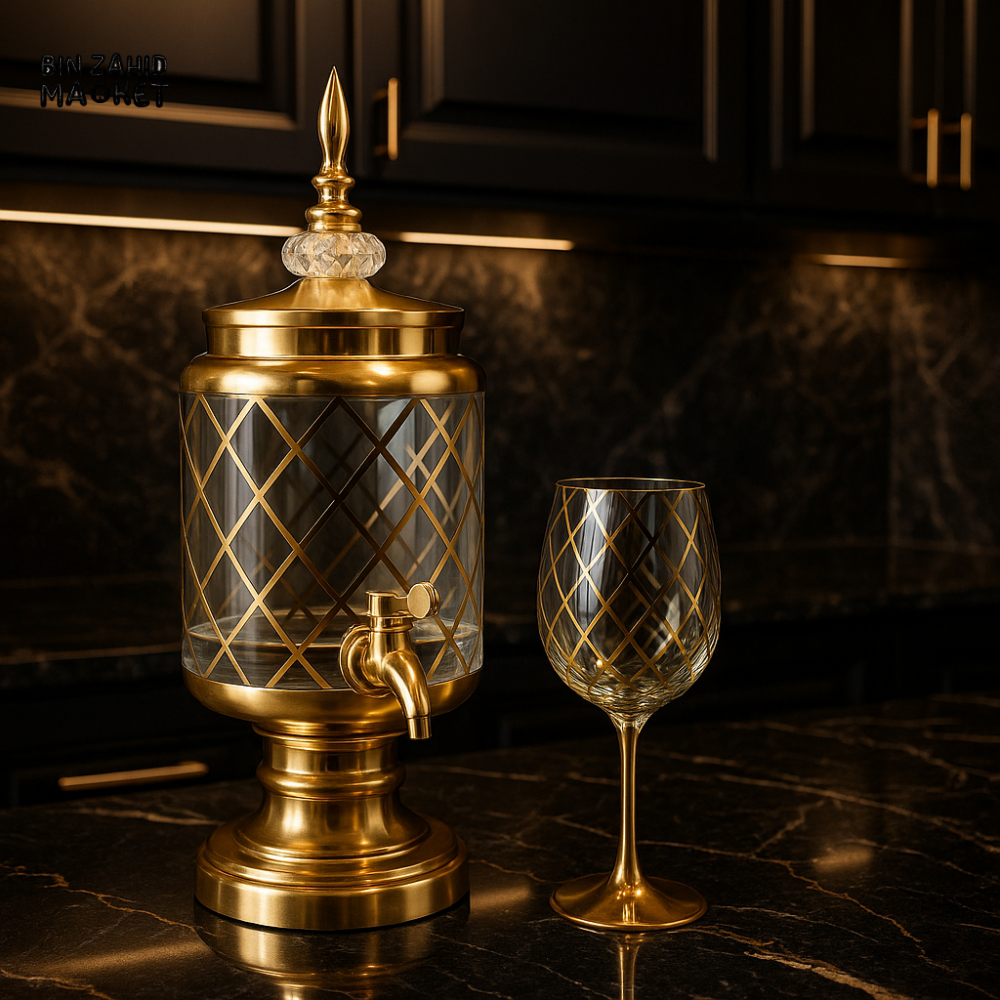 7 PIECES LUXURY BEVERAGE DISPENSER SET – GOLDEN DIAMOND DESIGN WITH GLASS STAND & GOBLET