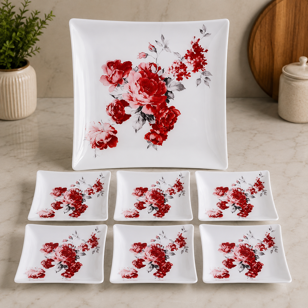 ARCOFAM RED FLORAL SQUARE SERVING 7 PIECE PLATE SET - PEGAH