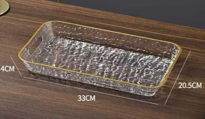 LUXURY RECTANGULAR GLASS TRAY – TEXTURED DESIGN WITH GOLD EDGE