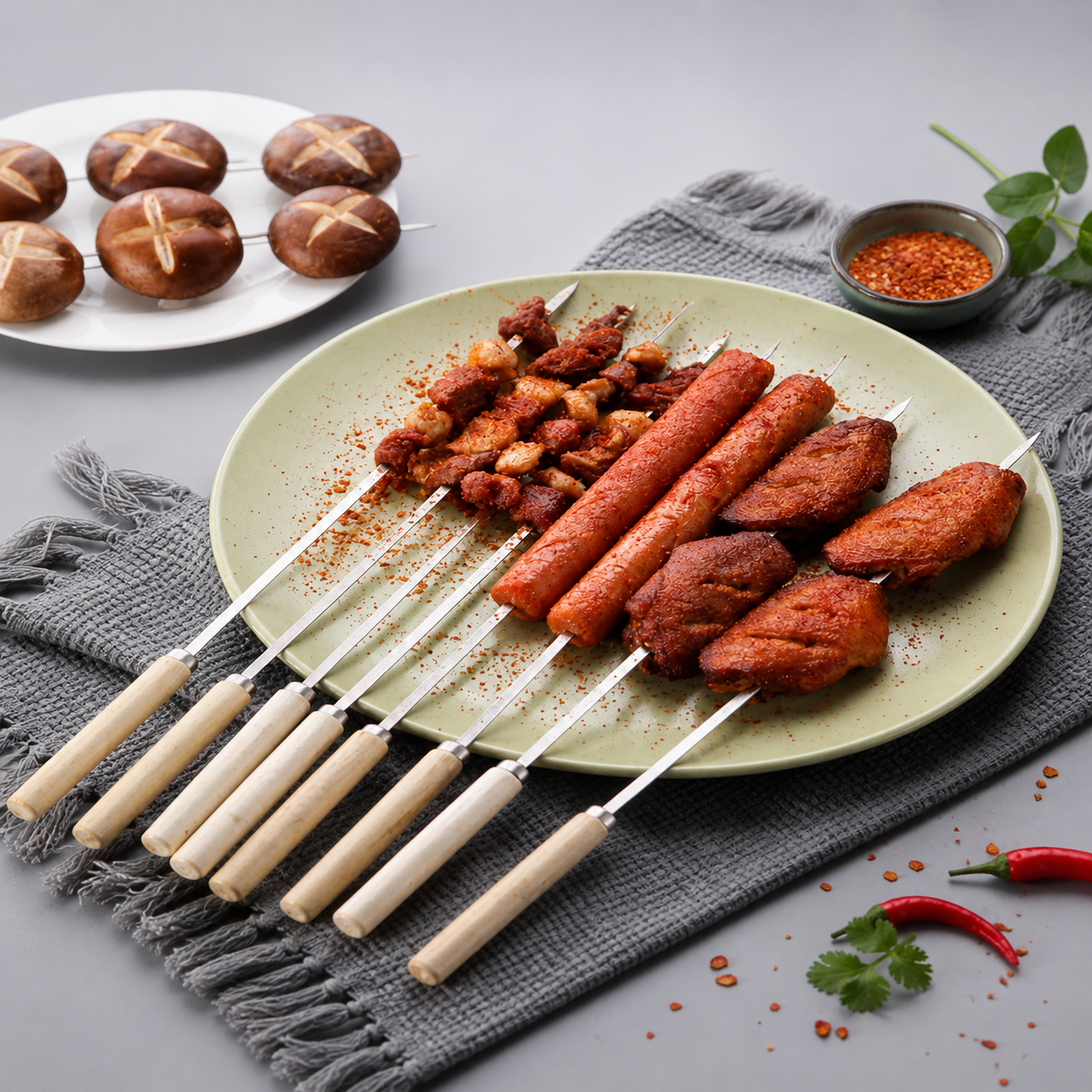 REUSABLE FLAT BBQ SKEWERS SET WITH WOODEN HANDLE 29CM PACK OF 6