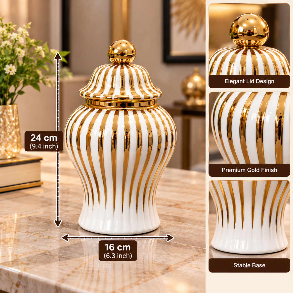 WHITE & GOLD STRIPED DECORATIVE JAR WITH LID - SMALL
