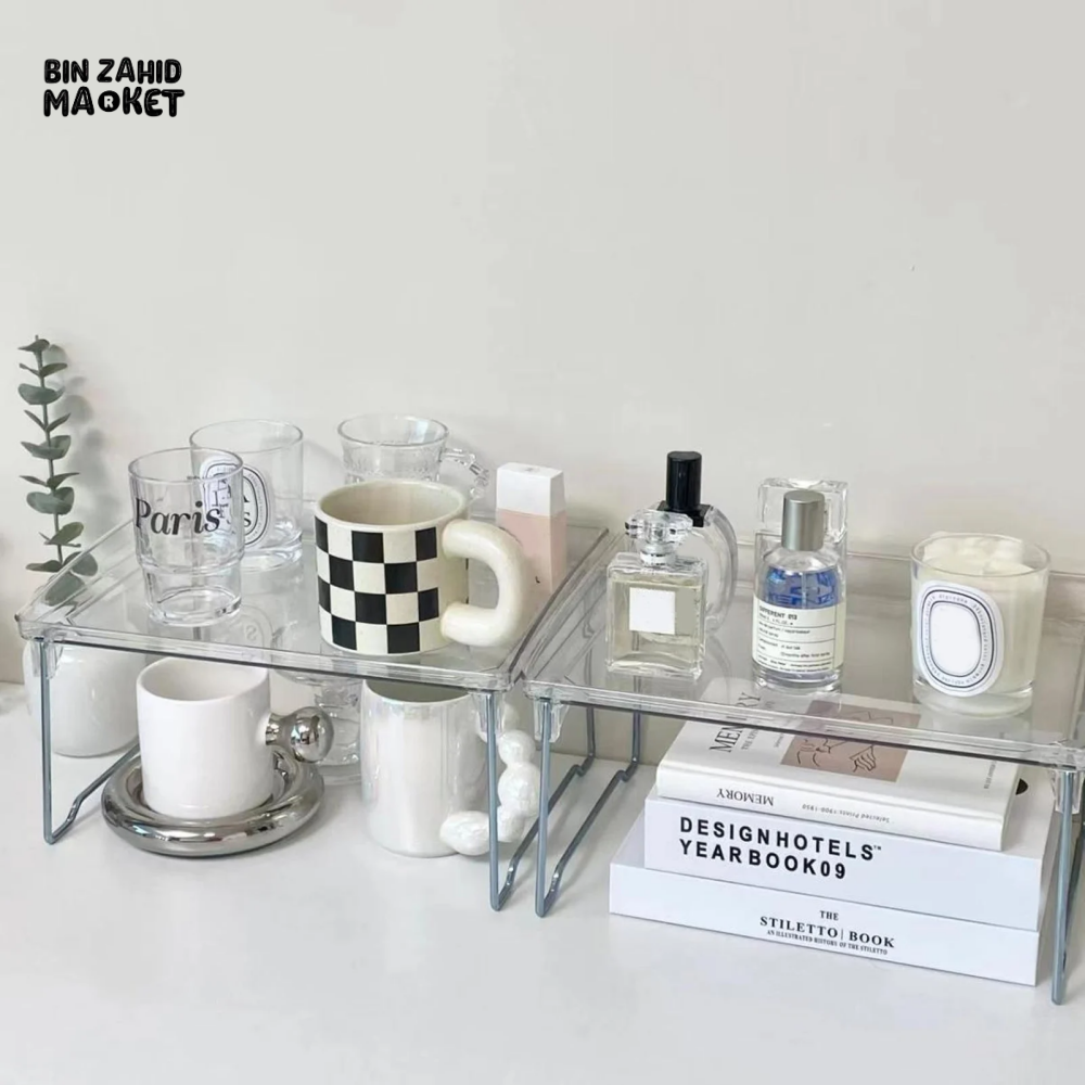 STACKABLE CLEAR PLASTIC STORAGE RACK FOR MAKEUP KITCHEN AND STATIONERY