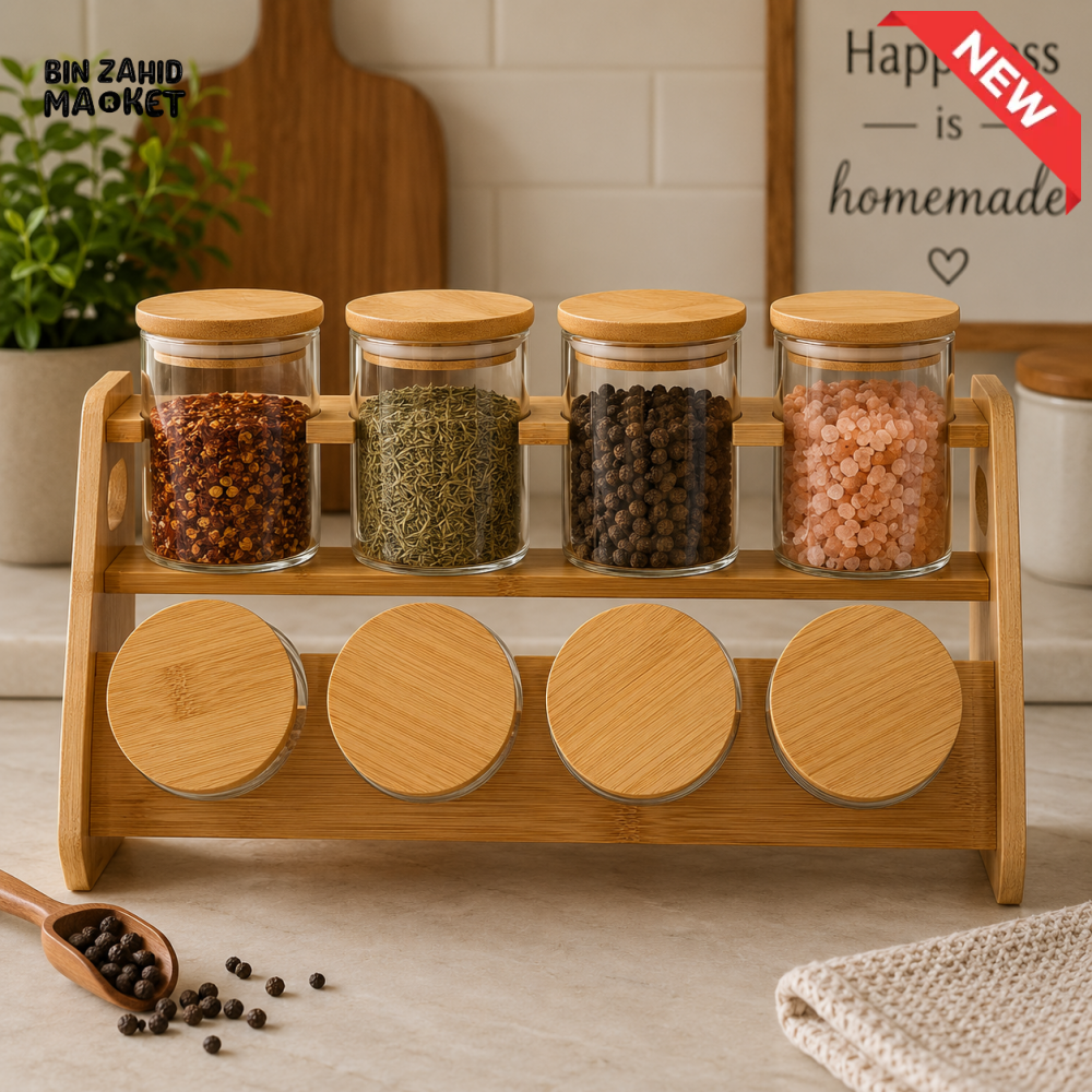 8-JAR GLASS SPICE STORAGE RACK WITH BAMBOO LIDS