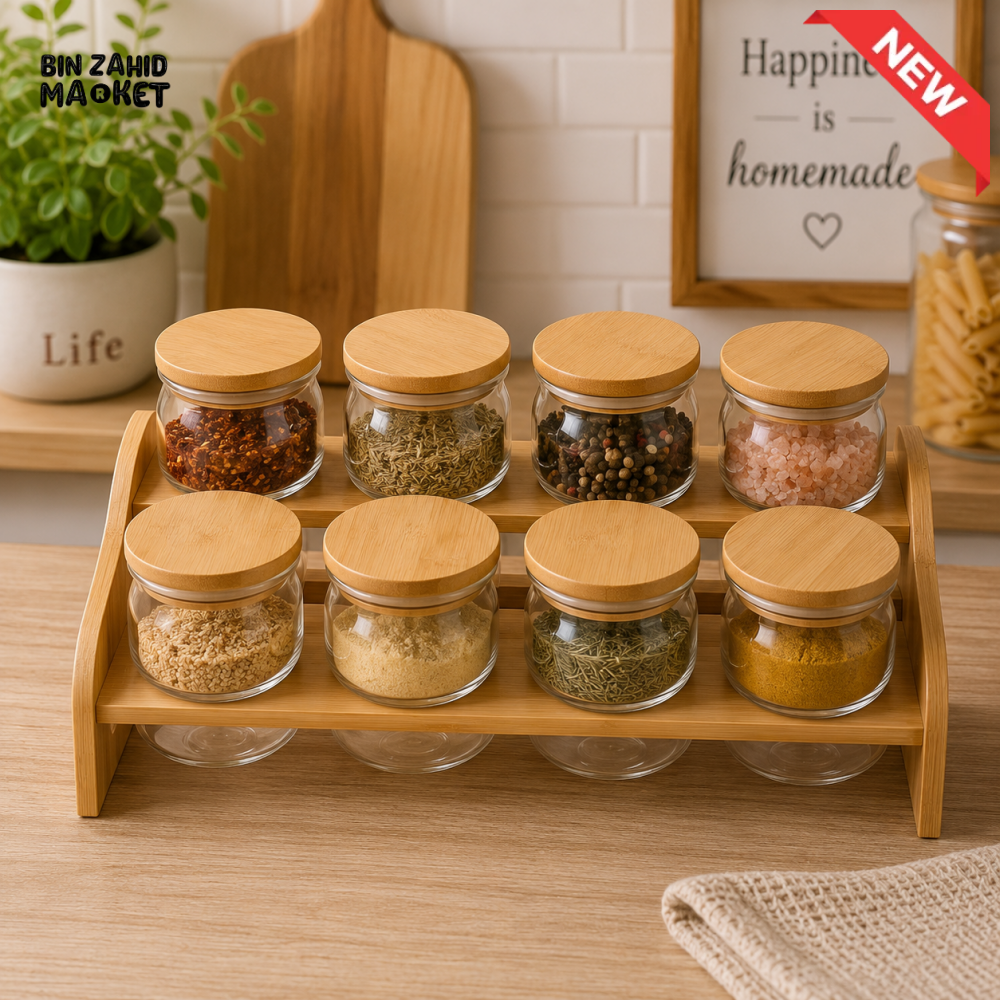 8-JAR GLASS SPICE STORAGE RACK WITH BAMBOO LIDS