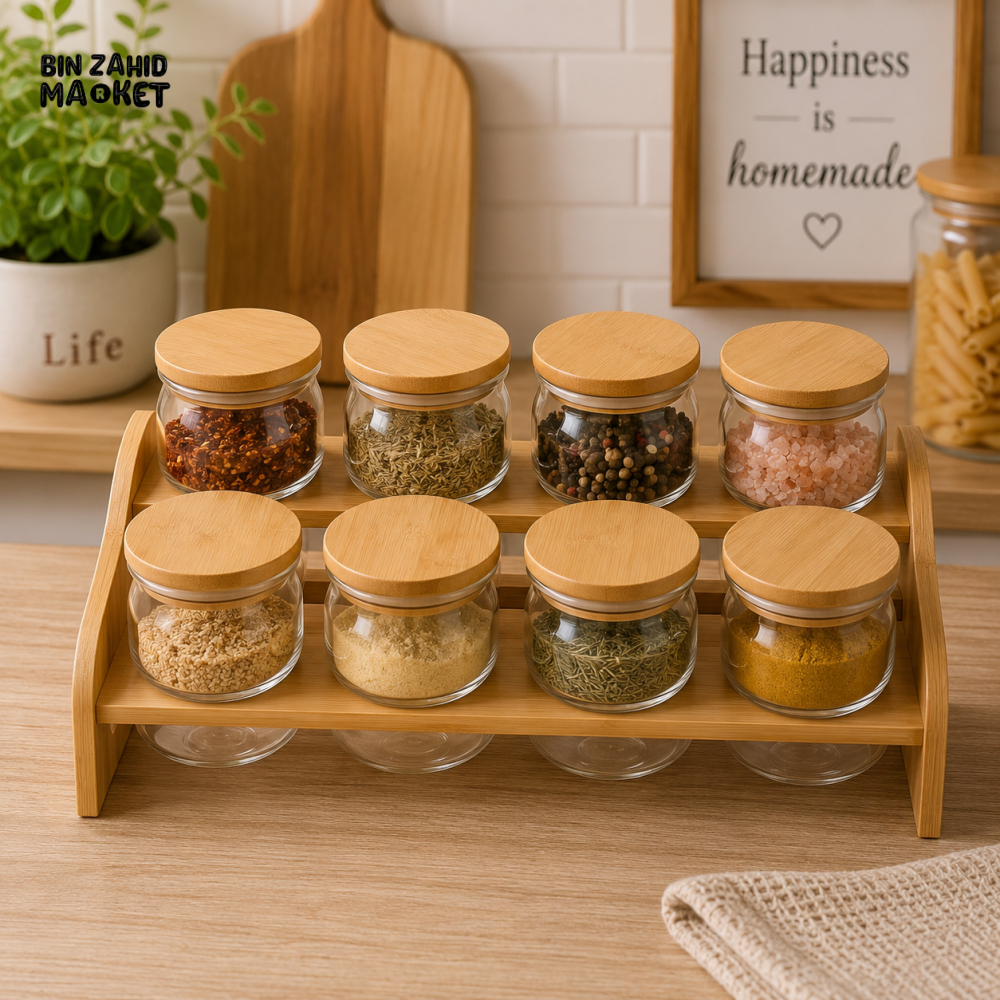 8-JAR GLASS SPICE STORAGE RACK WITH BAMBOO LIDS