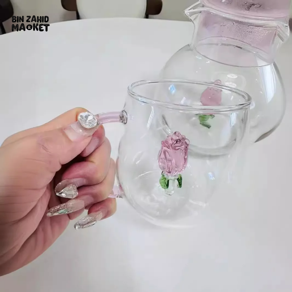 3D ROSE GLASS MUG WITH PINK HANDLE – HEAT-RESISTANT FOR MILK & COFFEE