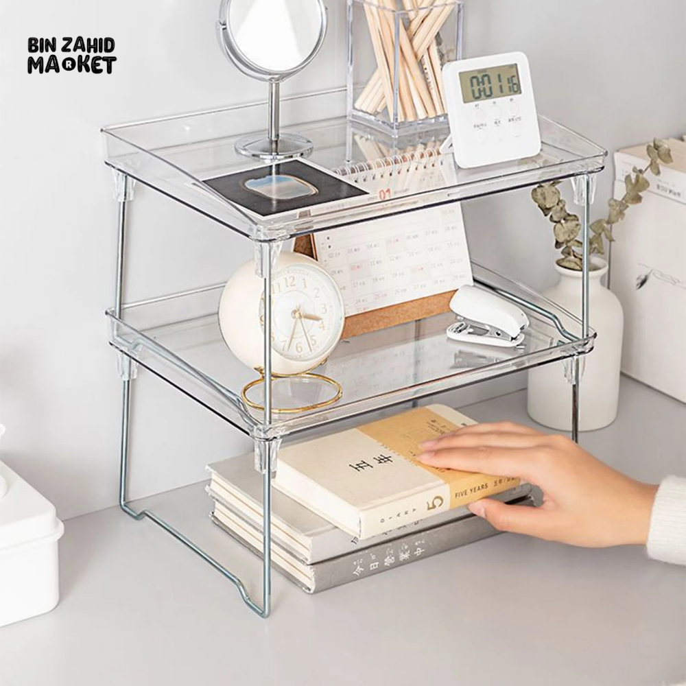 STACKABLE CLEAR PLASTIC STORAGE RACK FOR MAKEUP KITCHEN AND STATIONERY