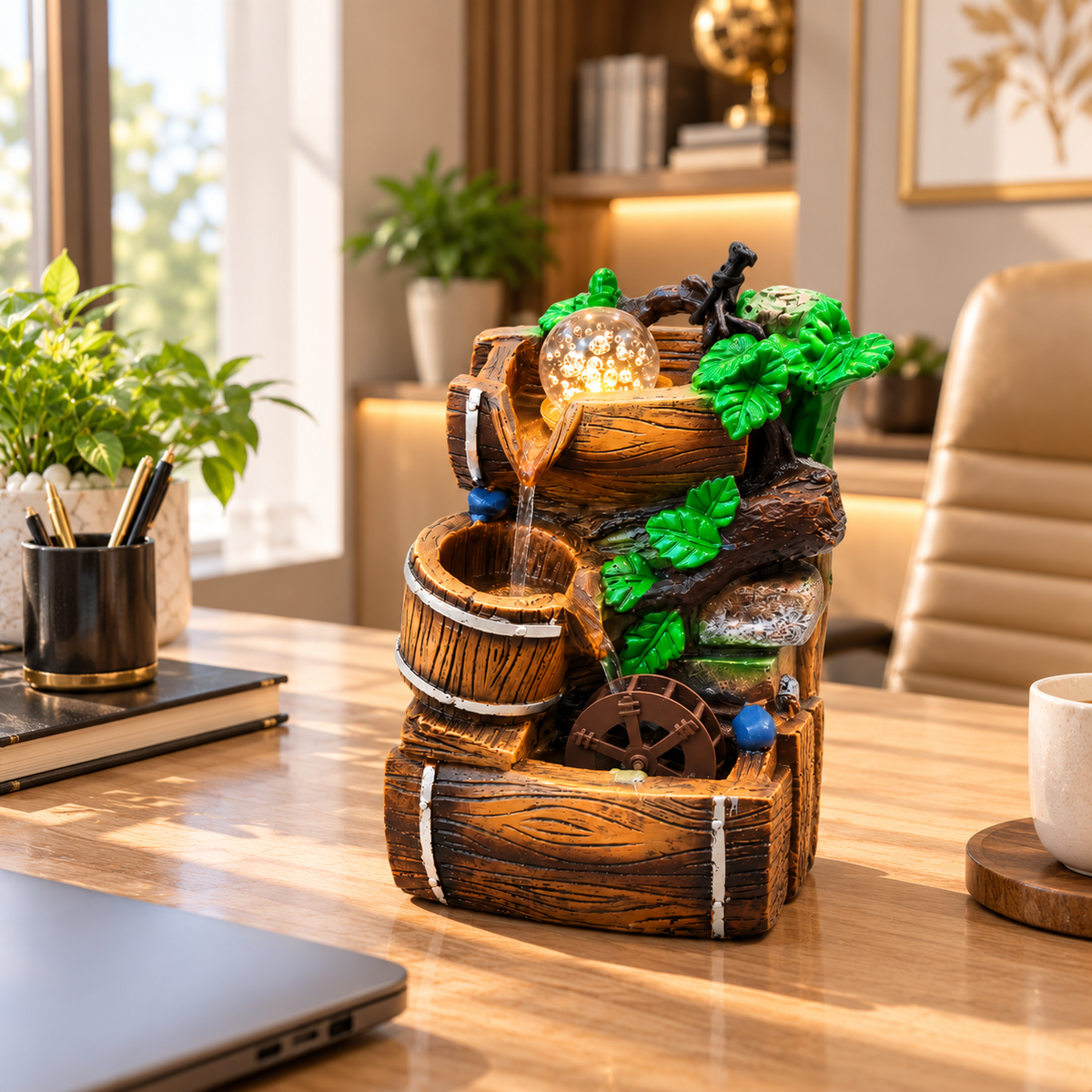 RUSTIC BARREL TABLETOP WATER FOUNTAIN WITH LED LIGHT & WATER WHEEL