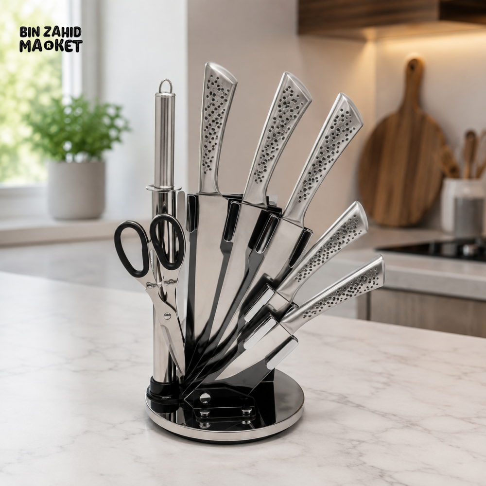 9 PIECE STAINLESS STEEL KITCHEN KNIFE SET WITH ROTATING STAND - Knife Sets