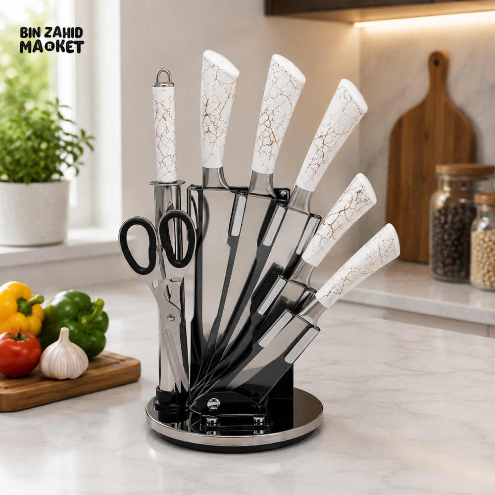 9 PIECE WHITE MARBLE HANDLE STAINLESS STEEL KITCHEN KNIFE SET WITH ROTATING STAND - Knife Sets