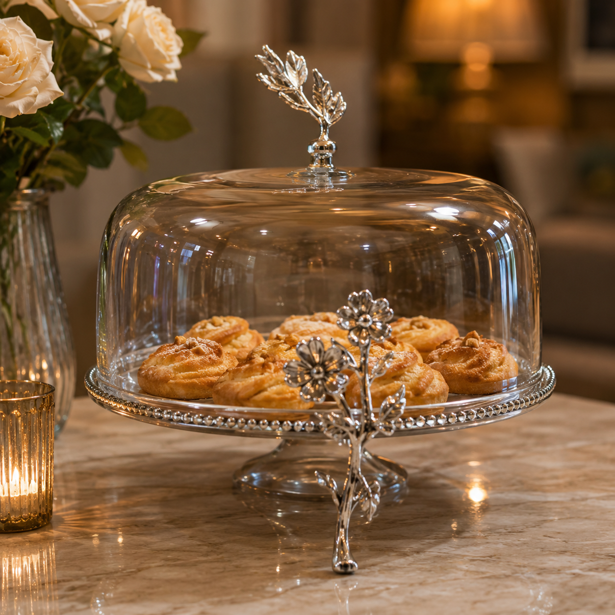 GLASS CAKE STAND WITH DECORATIVE DOME LID