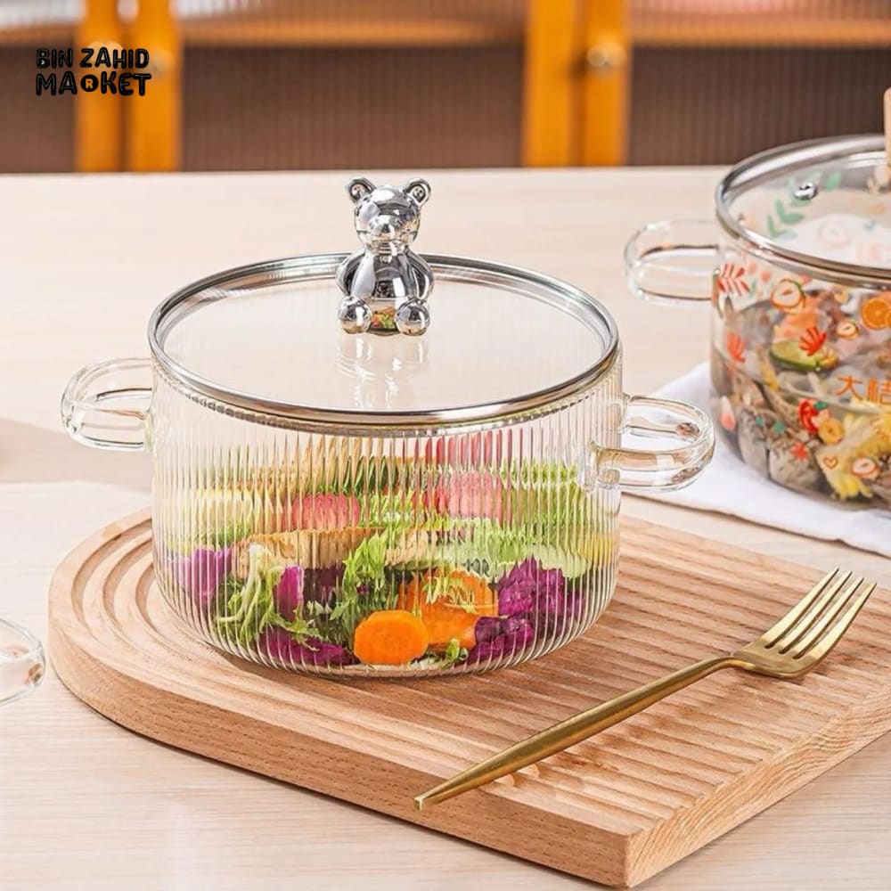 HEAT-RESISTANT 2 LITRE GLASS COOKING POT WITH LID BOROSILICATE GLASS FOR SOUP MILK & NOODLES