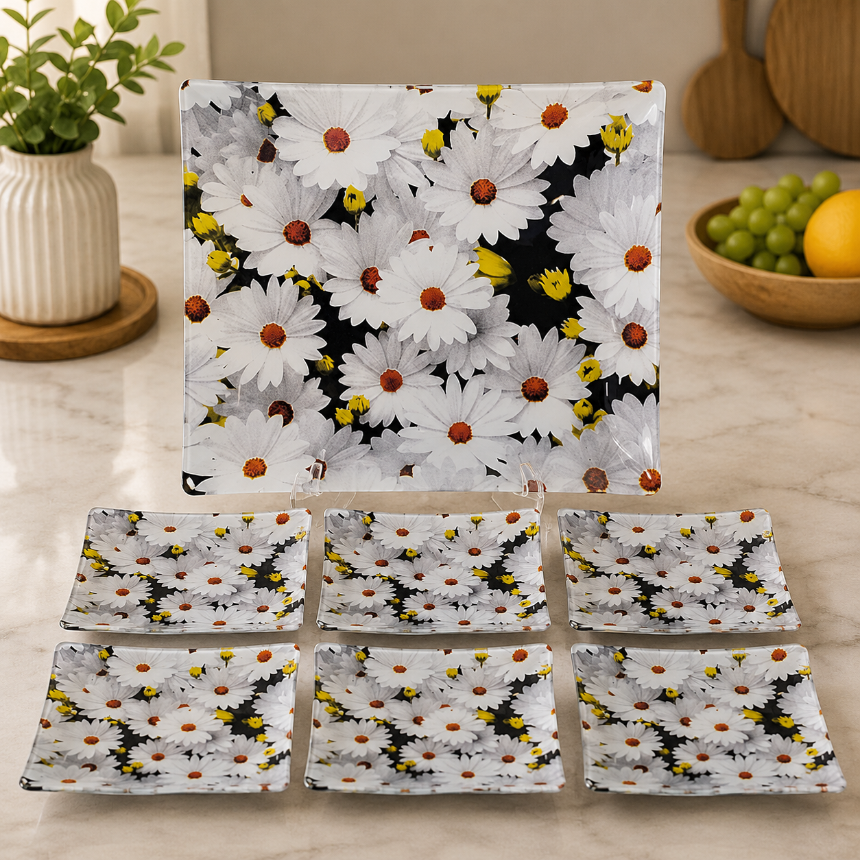 ARCOFAM DAISY FLORAL GLASS SERVING 7 PIECES PLATE SET - BOSTAN