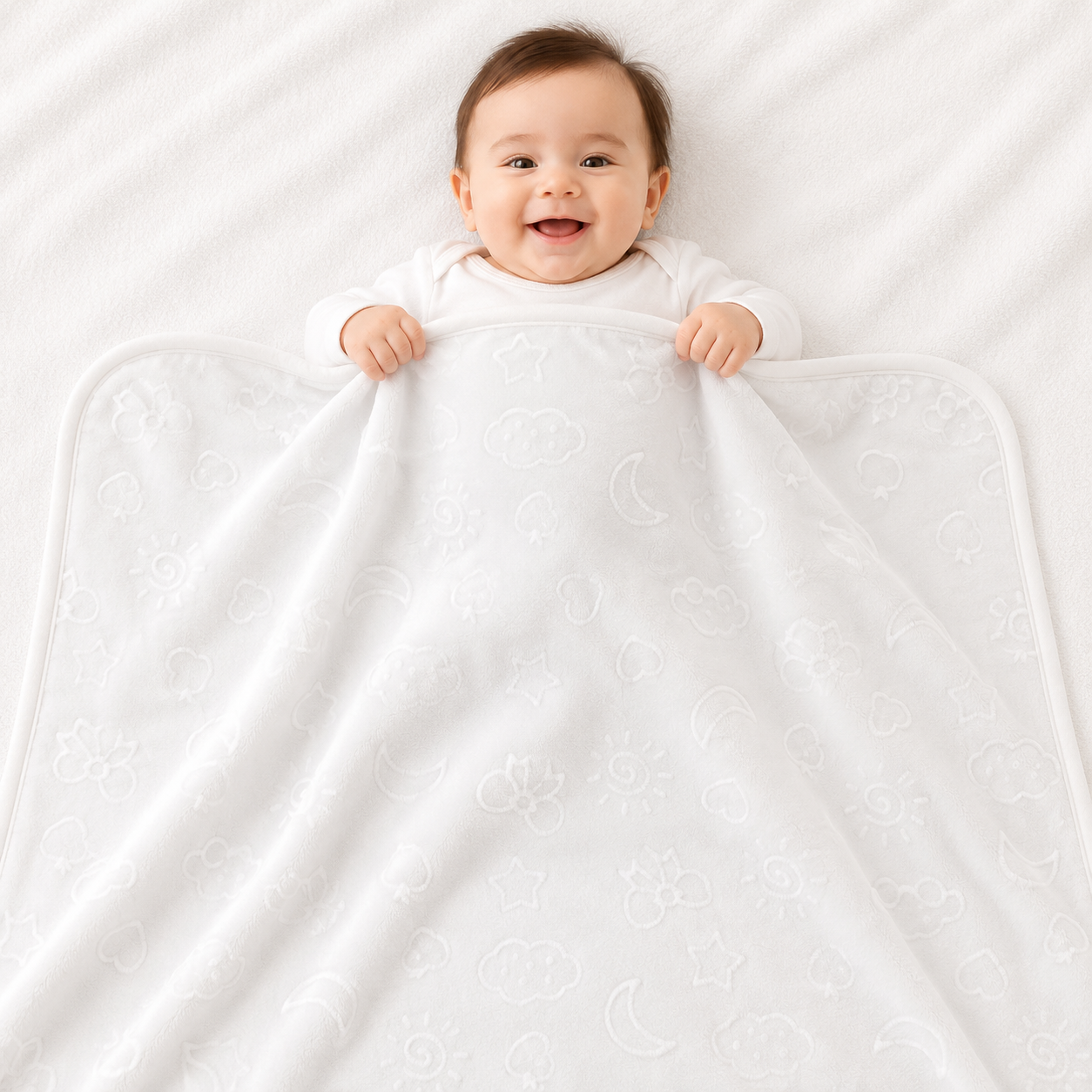 HAPPIMUMS BABY PLUSH SLEEPING BLANKET DOUBLE PLY CLOUD & BOW 110 x 80 - WHITE