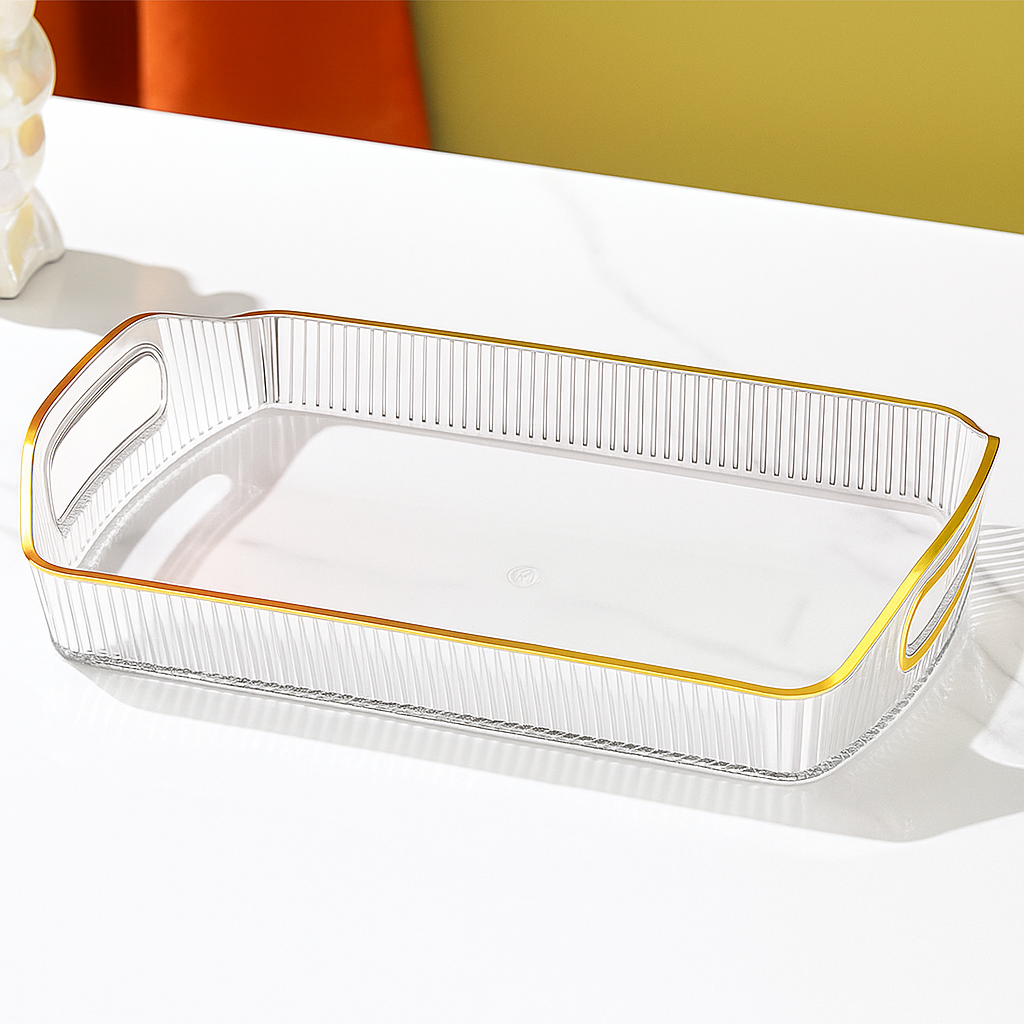 HIGH-END TEA SET STORAGE TRAY – CLEAR GLASS WITH GOLD BORDER