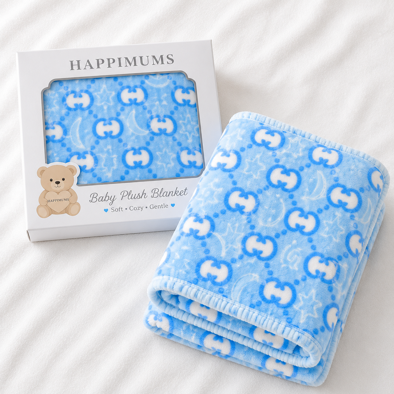 HAPPIMUMS BABY PLUSH SLEEPING BLANKET DOUBLE PLY LITTLE BEAR PATTERN 110 x 80 - BLUE