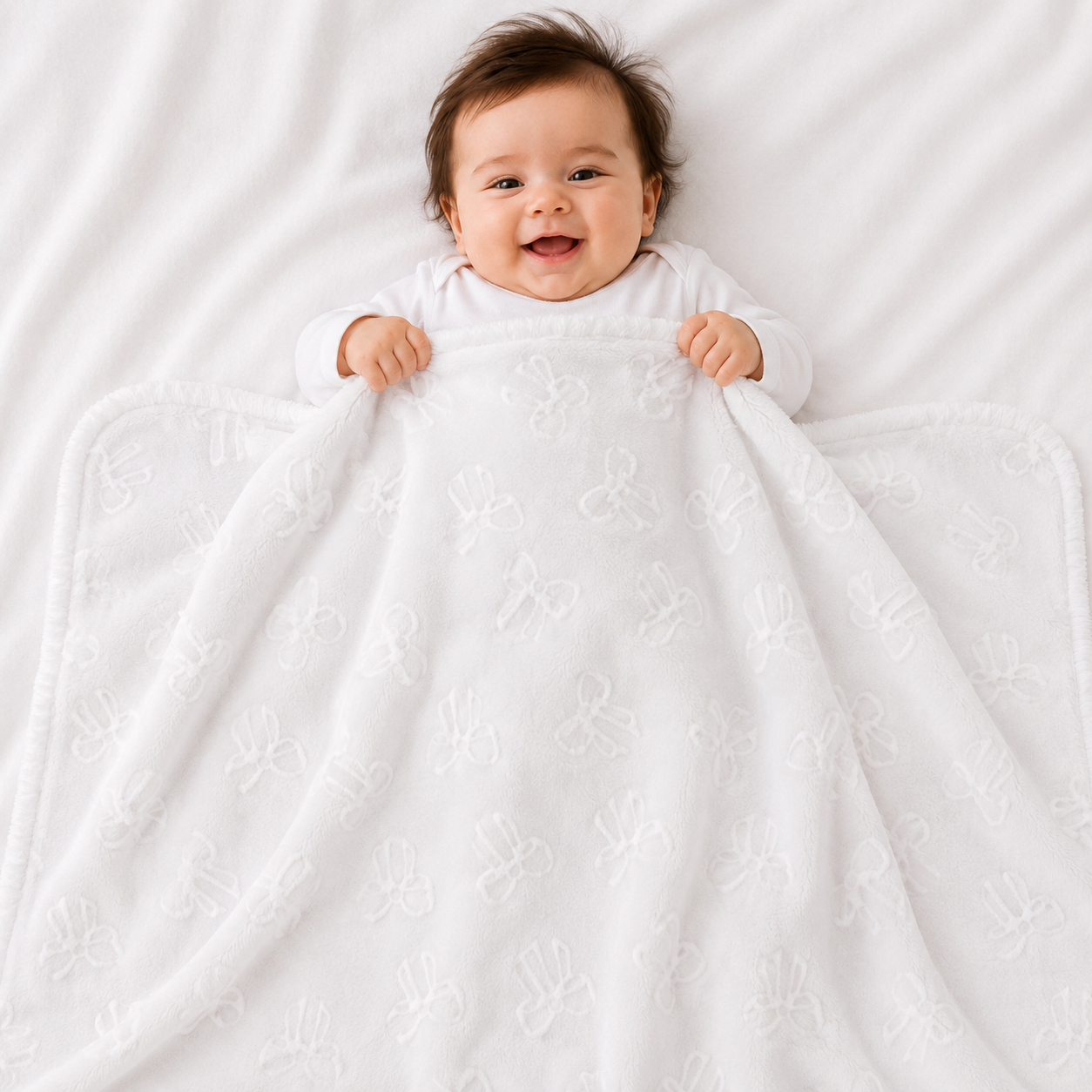 HAPPIMUMS BABY PLUSH SLEEPING BLANKET DOUBLE PLY SWEET RIBBON 110 x 80 - WHITE
