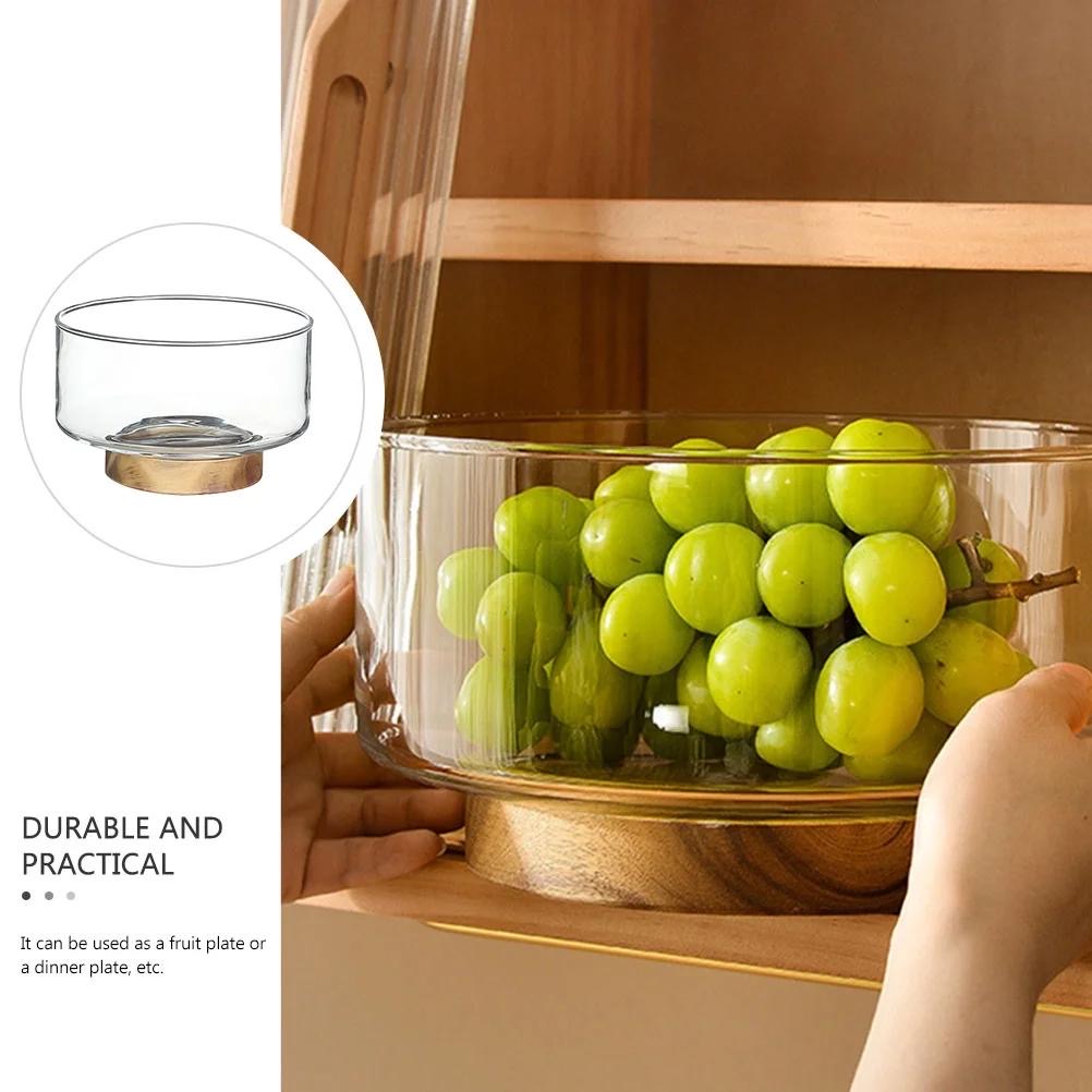 LUXURY GLASS FRUIT BOWL WITH WOODEN BASE – MODERN DINING TABLE CENTERPIECE - SMALL