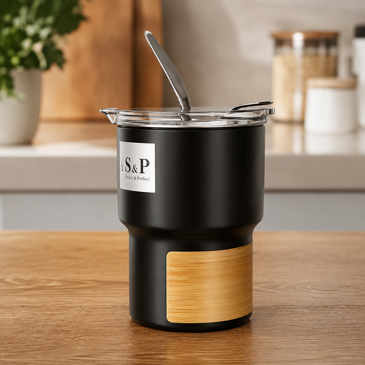 KITCHEN SUGAR CONTAINER WITH SPOON & LID – BLACK