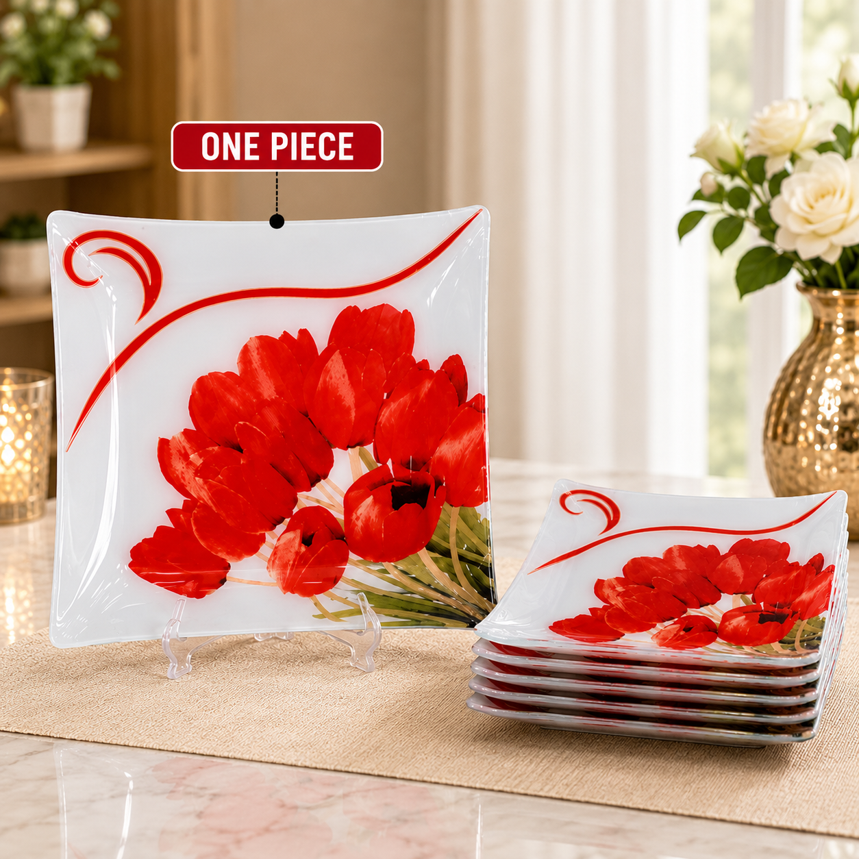 ARCOFAM 7 PCS SQUARE GLASS DESSERT PLATE SET – WHITE BELERIAN