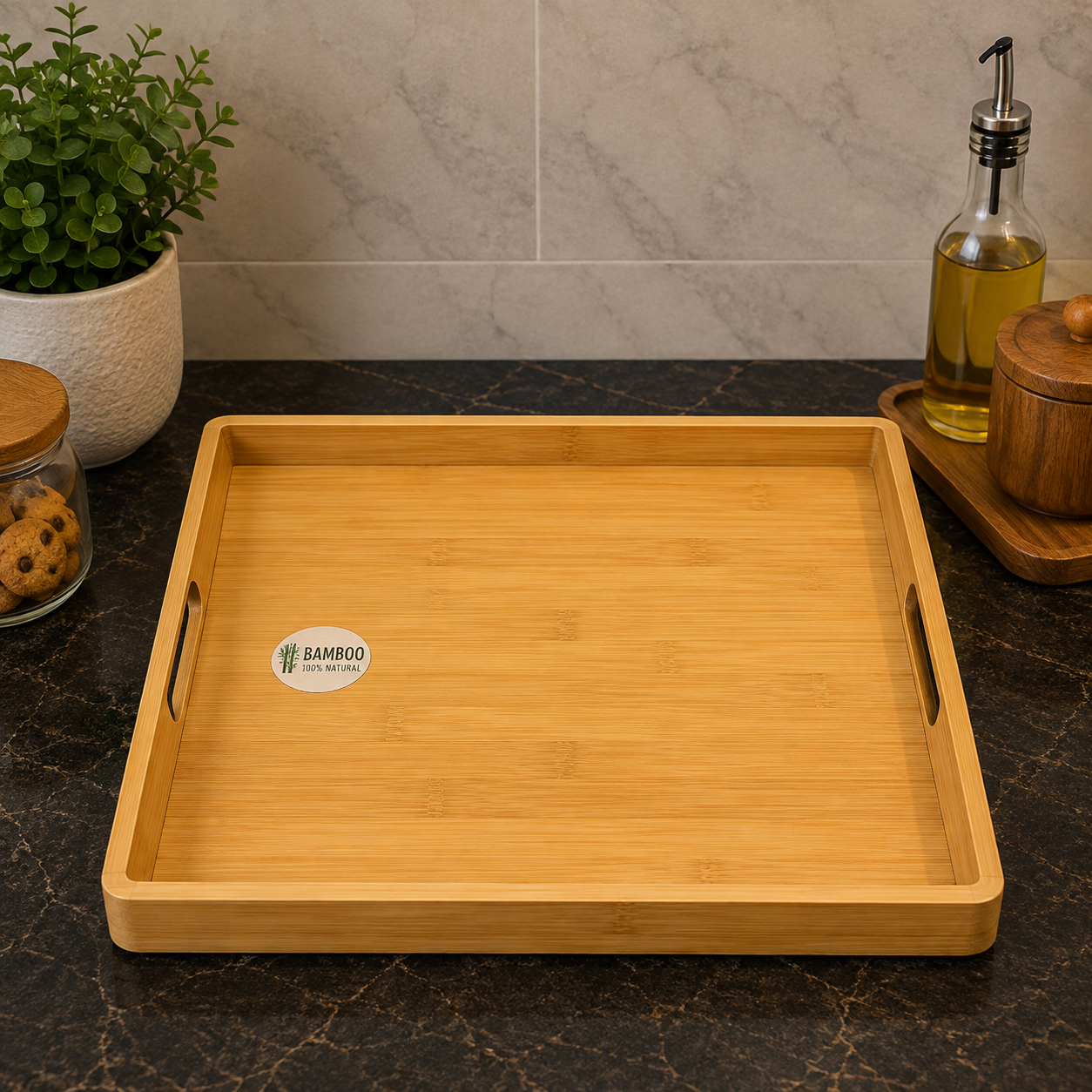 SQUARE BAMBOO SERVING TRAY WITH HANDLES