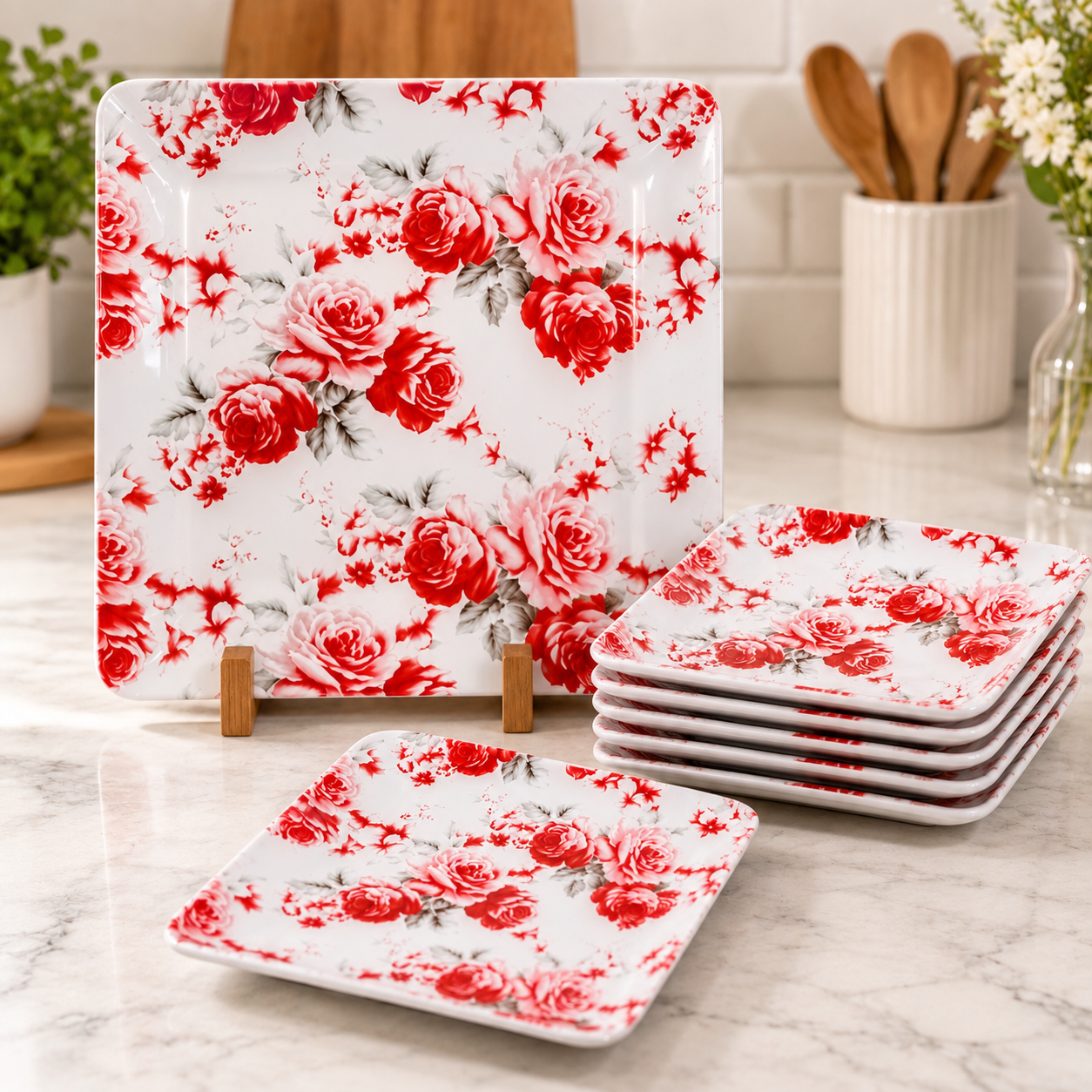 ARCOFAM 7-PIECE RED ROSE FLORAL SQUARE SERVING PLATE SET - BAHAR