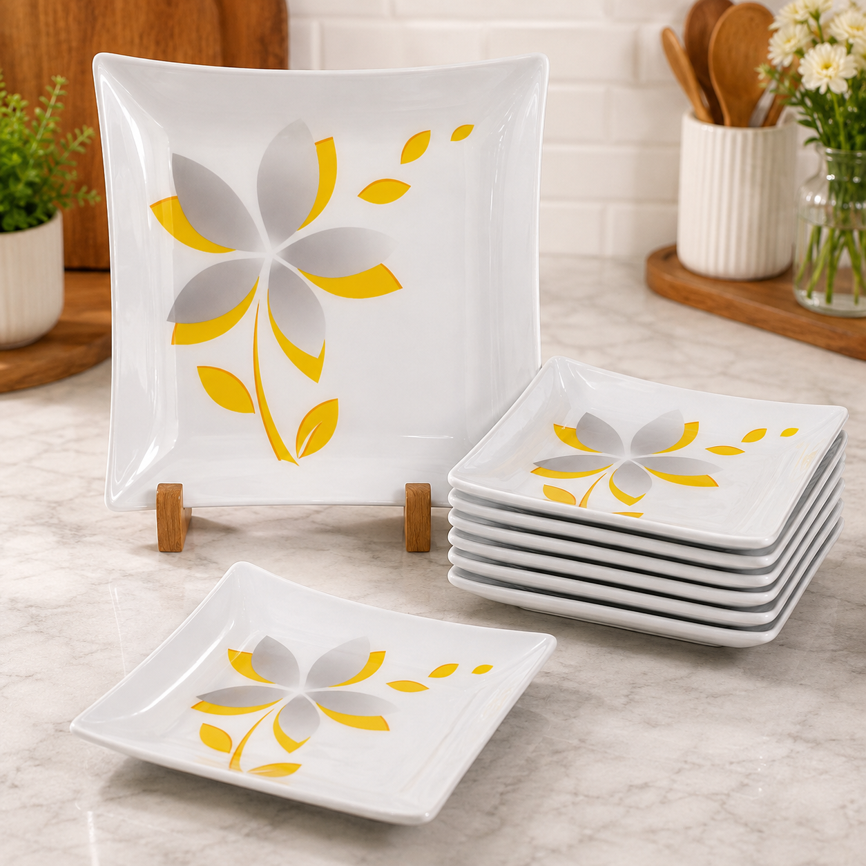ARCOFAM 7-PIECE MODERN FLORAL SQUARE SERVING PLATE SET - KHORSHID