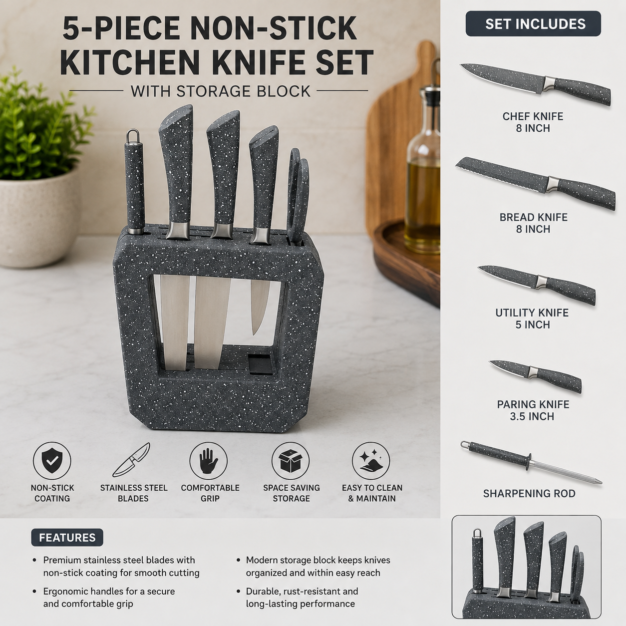 5-PIECE SPECKLED KITCHEN KNIFE SET WITH STORAGE BLOCK