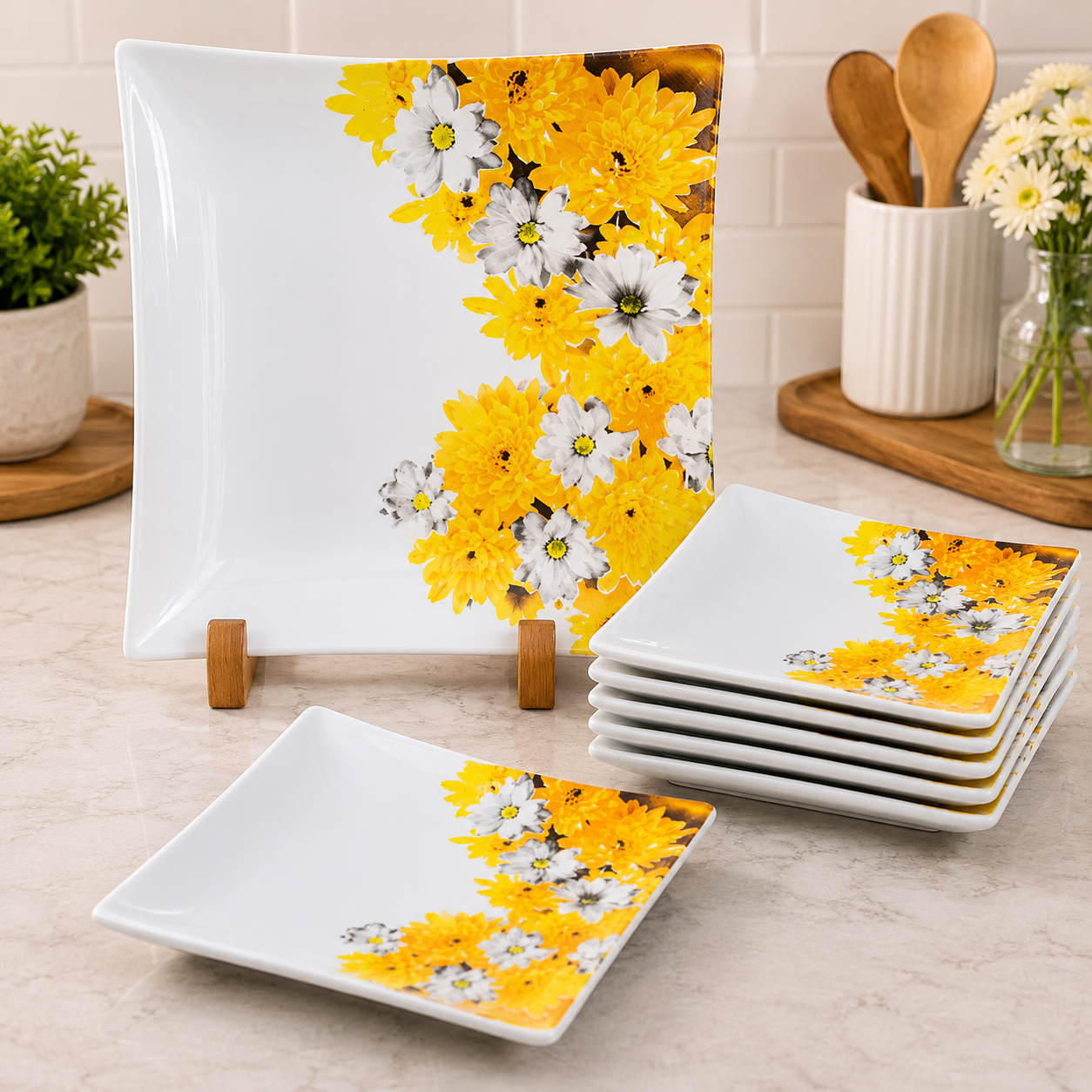 ARCOFAM 7-PIECE YELLOW FLORAL SQUARE SERVING PLATE SET - AMARILLA