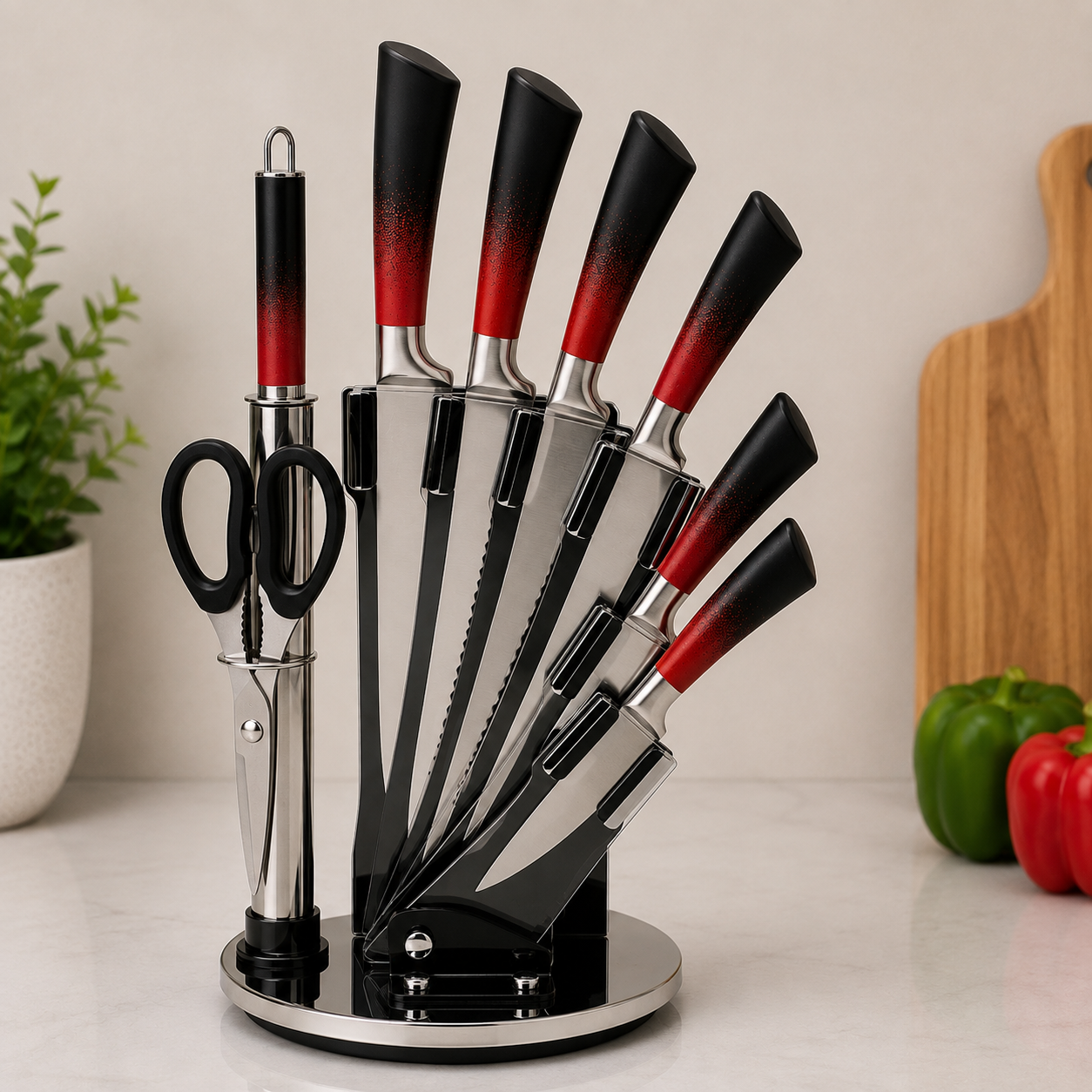 7-PIECE ROTATING KITCHEN KNIFE SET WITH SHARPENING ROD