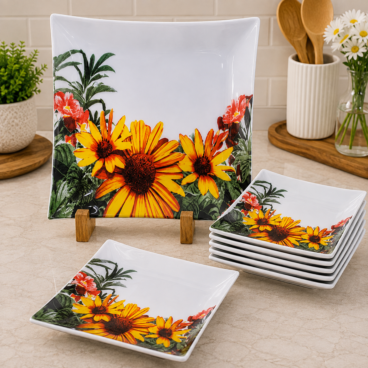 ARCOFAM 7-PIECE SUNFLOWER FLORAL SQUARE SERVING PLATE SET - RAMASHKA