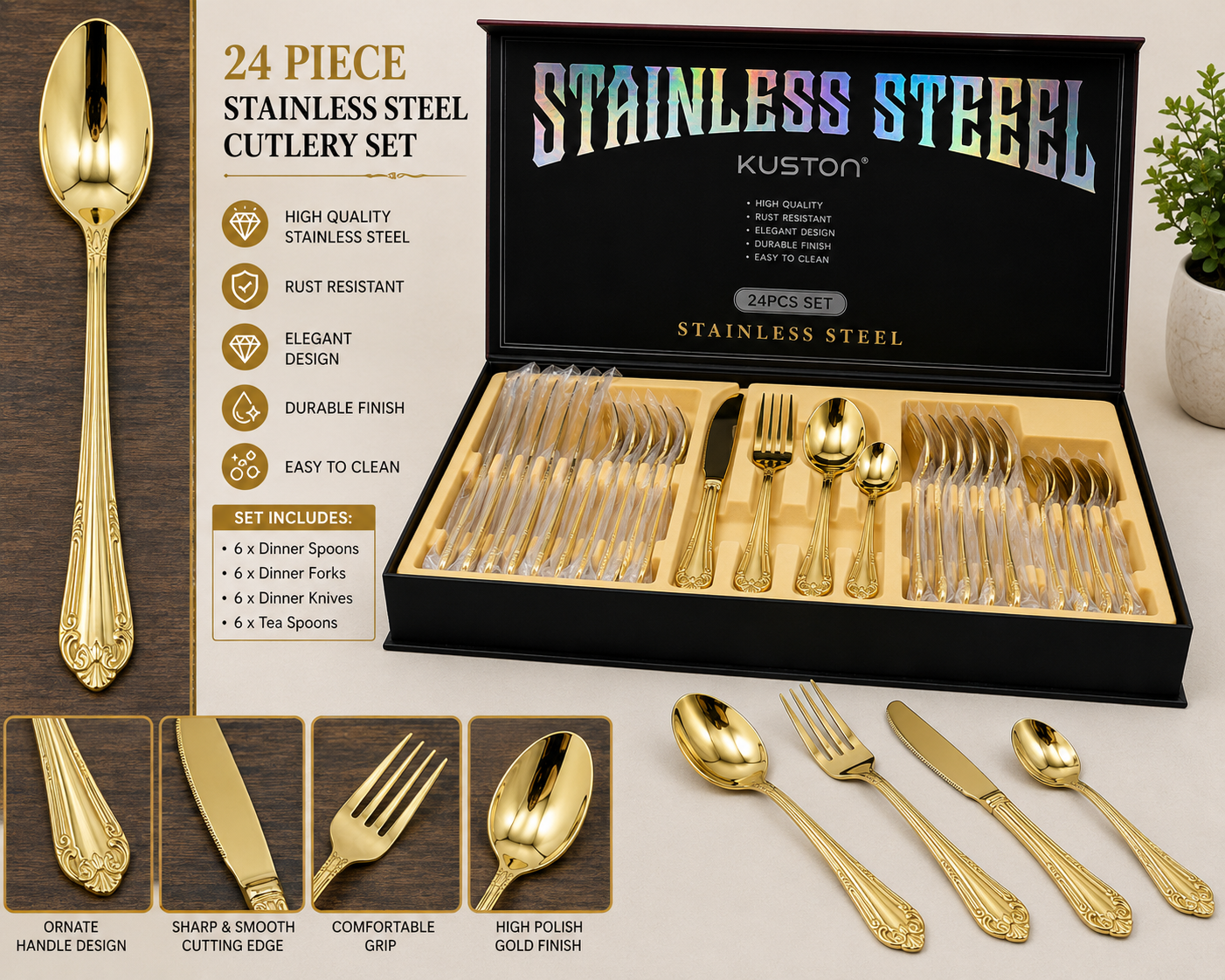 24 PIECE GOLD STAINLESS STEEL CUTLERY SET WITH ORNATE HANDLES