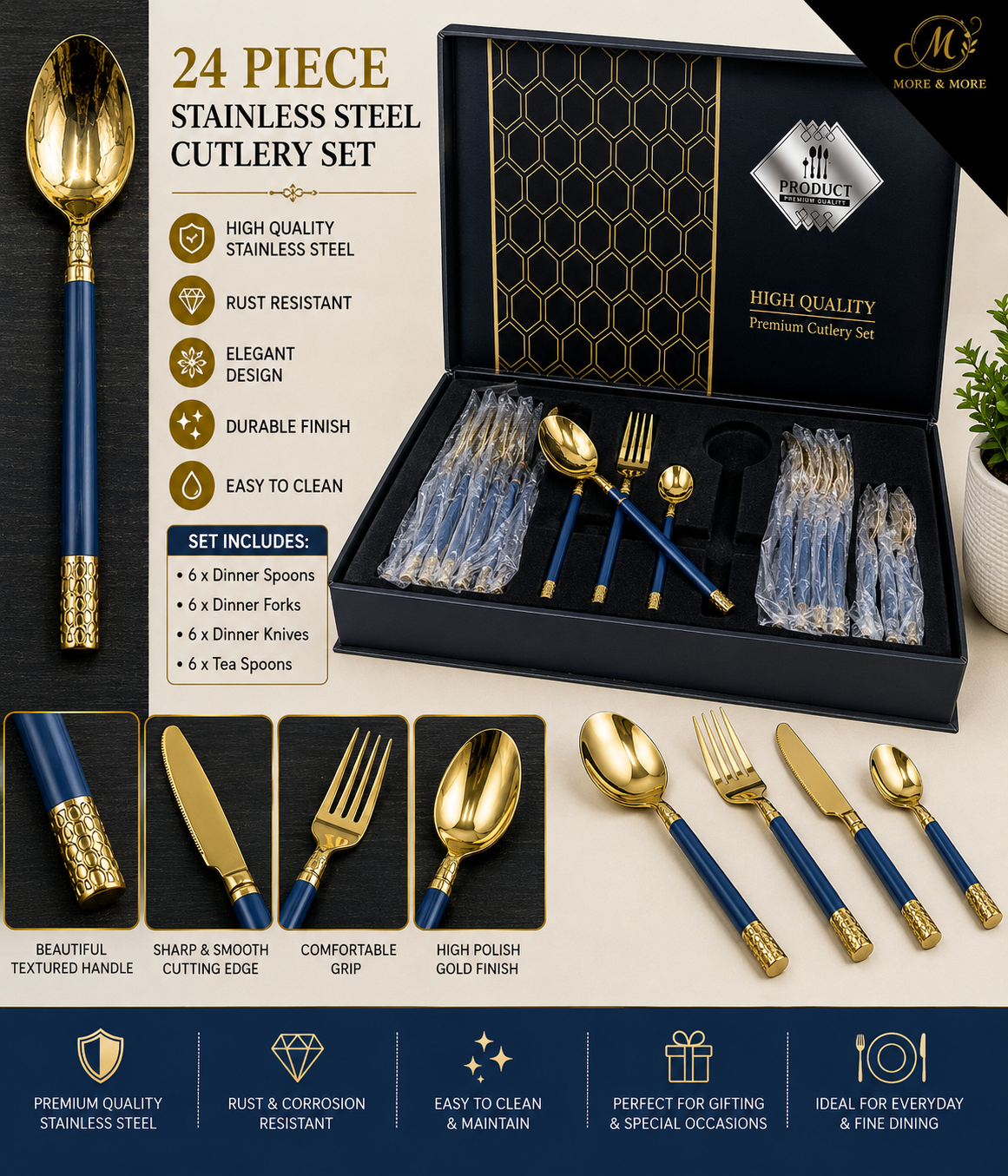 24 PIECE BLUE HANDLE GOLD STAINLESS STEEL CUTLERY SET WITH GIFT BOX
