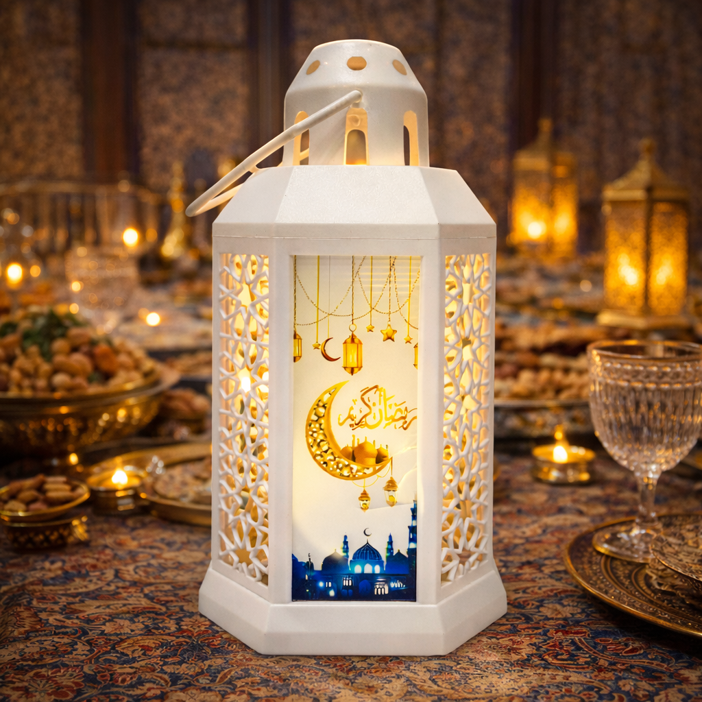 RAMADAN KAREEM METAL LED LANTERN – ELEGANT TABLE DECOR LIGHT - WHITE