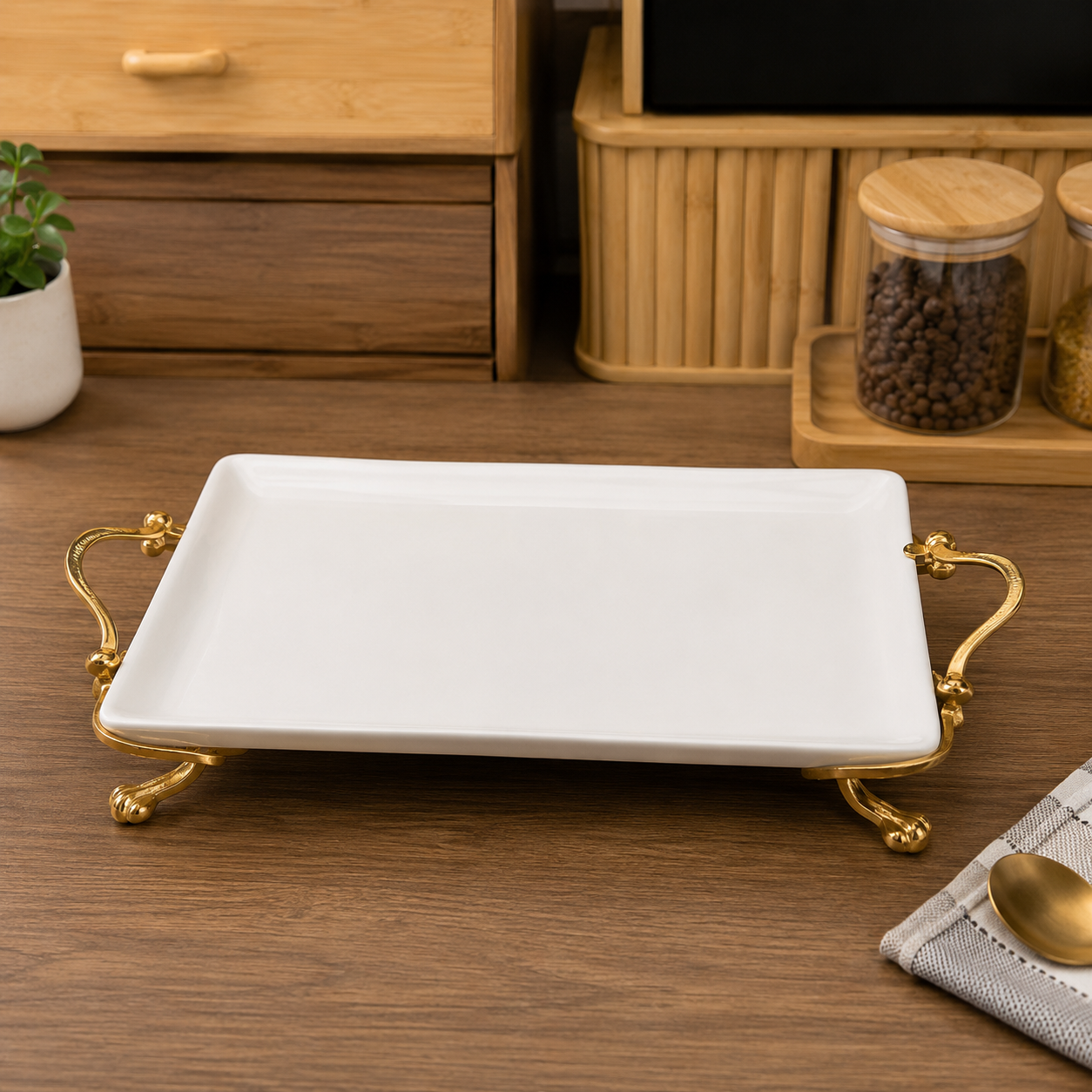 RECTANGULAR CERAMIC SERVING TRAY WITH GOLD HANDLES