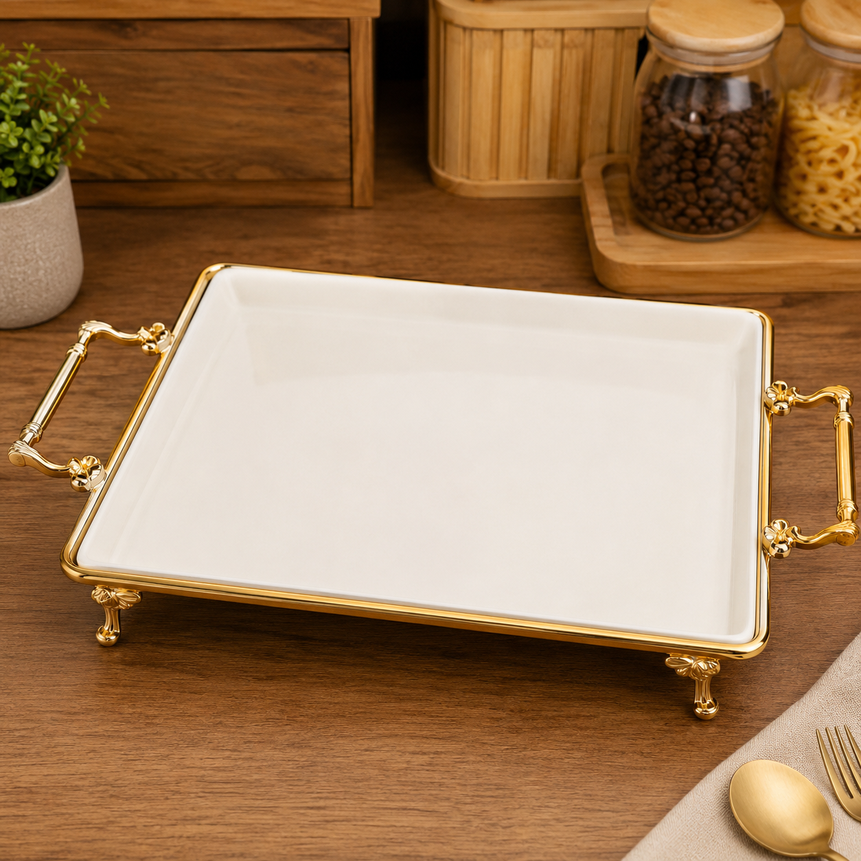 RECTANGULAR CERAMIC SERVING TRAY WITH GOLD HANDLES