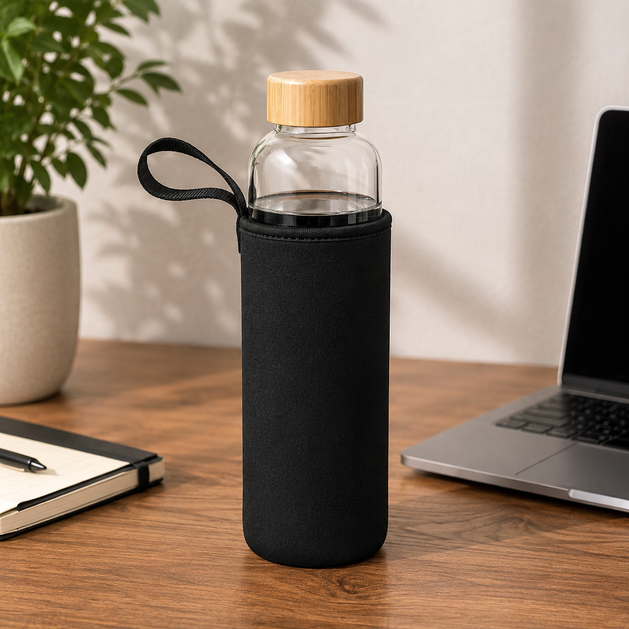 GLASS WATER BOTTLE WITH BAMBOO LID & CARRYING SLEEVE