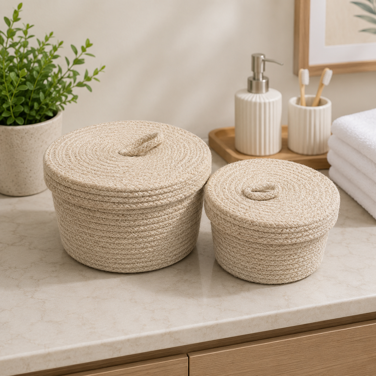 HANDWOVEN ROPE STORAGE BASKET SET WITH LIDS – 2 PCS