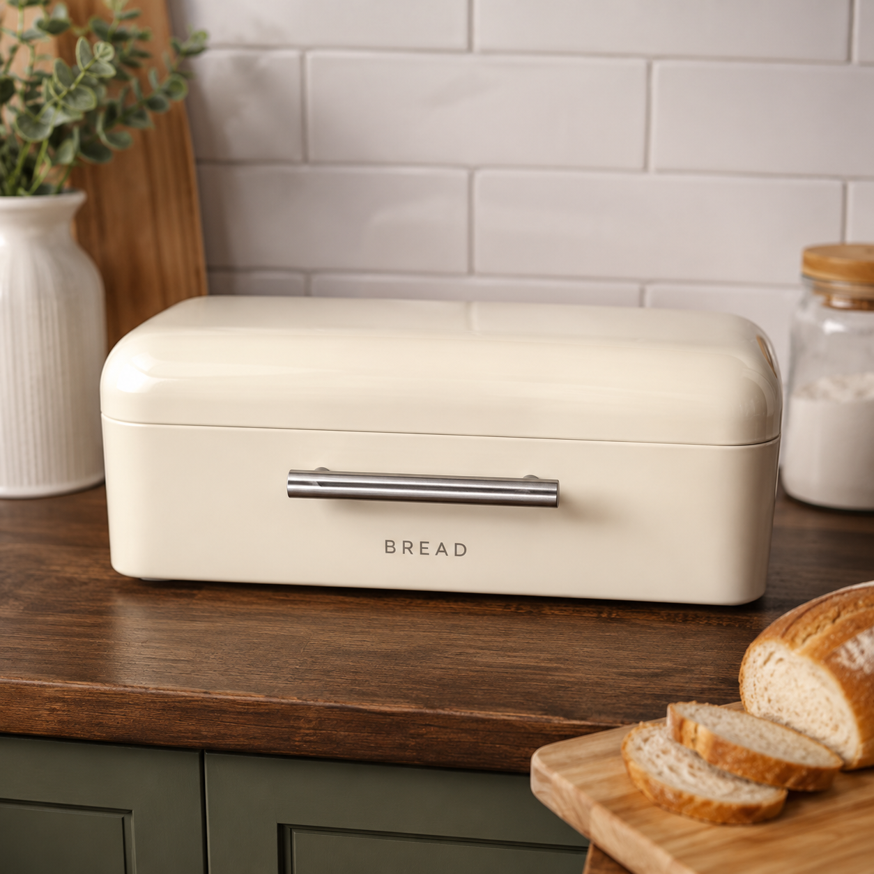 CREAM METAL BREAD BIN WITH LID