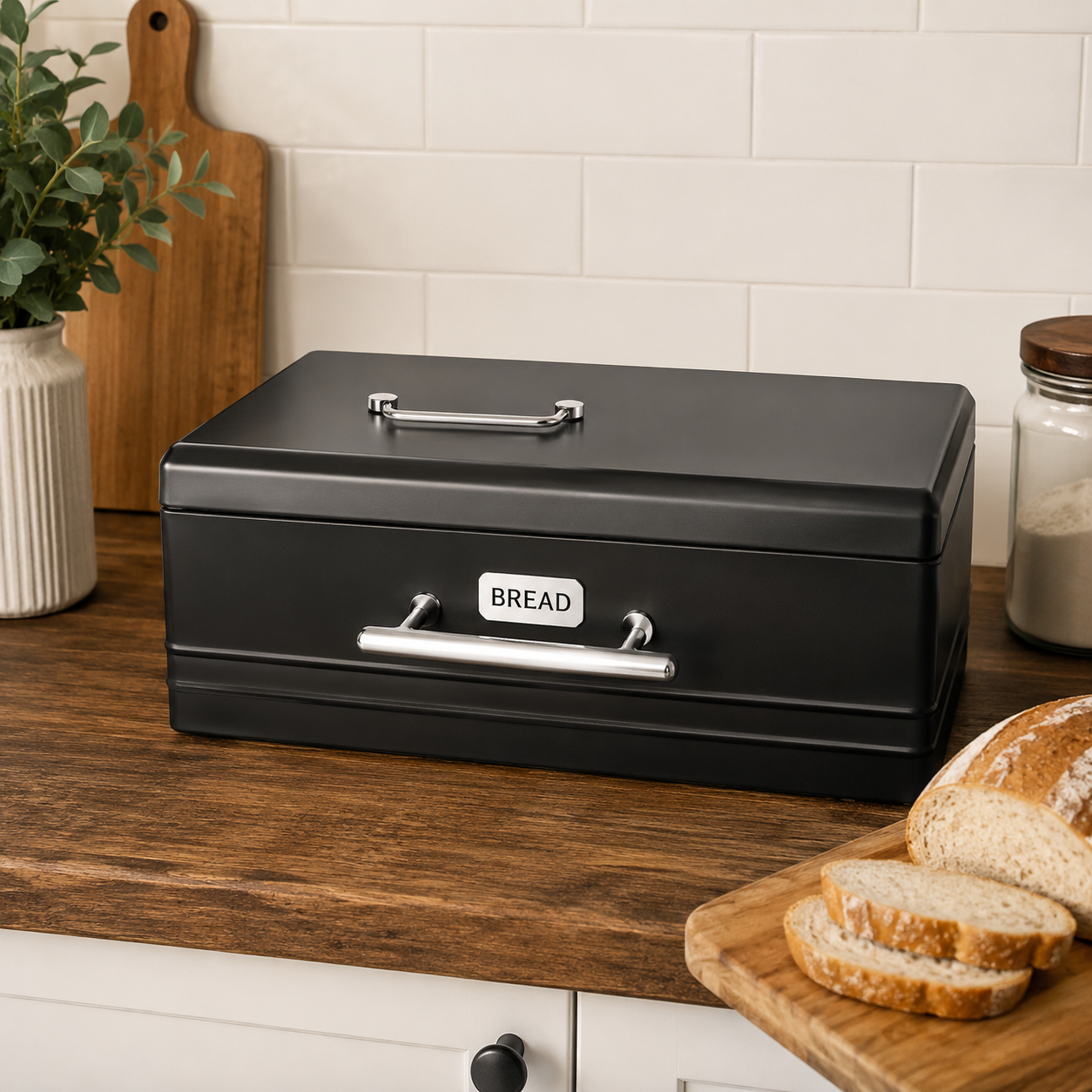 BLACK METAL BREAD BIN WITH LIFT-UP LID